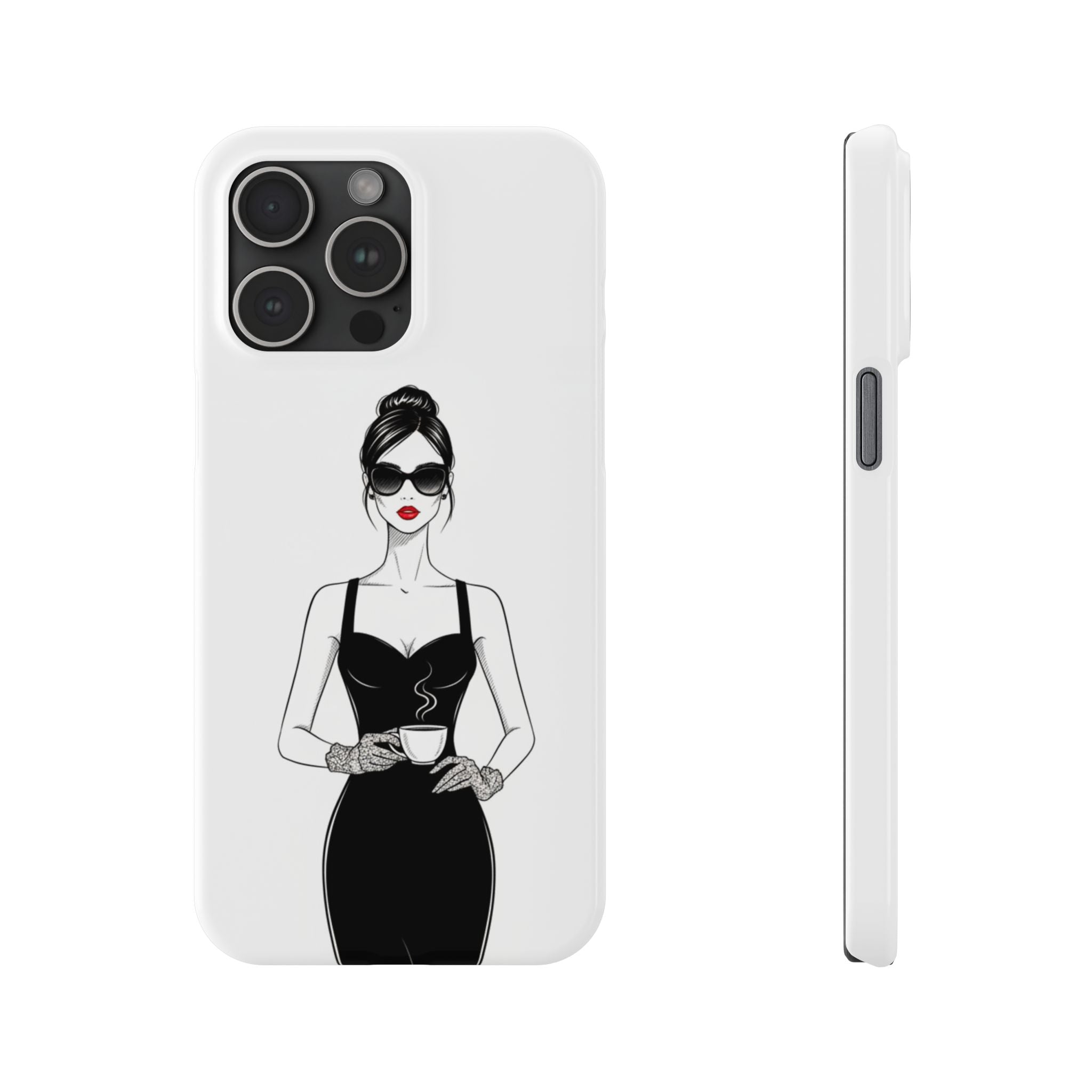 Chic High-Fashion Slim Phone Case — Black Dress Illustration with Red Lip Accent