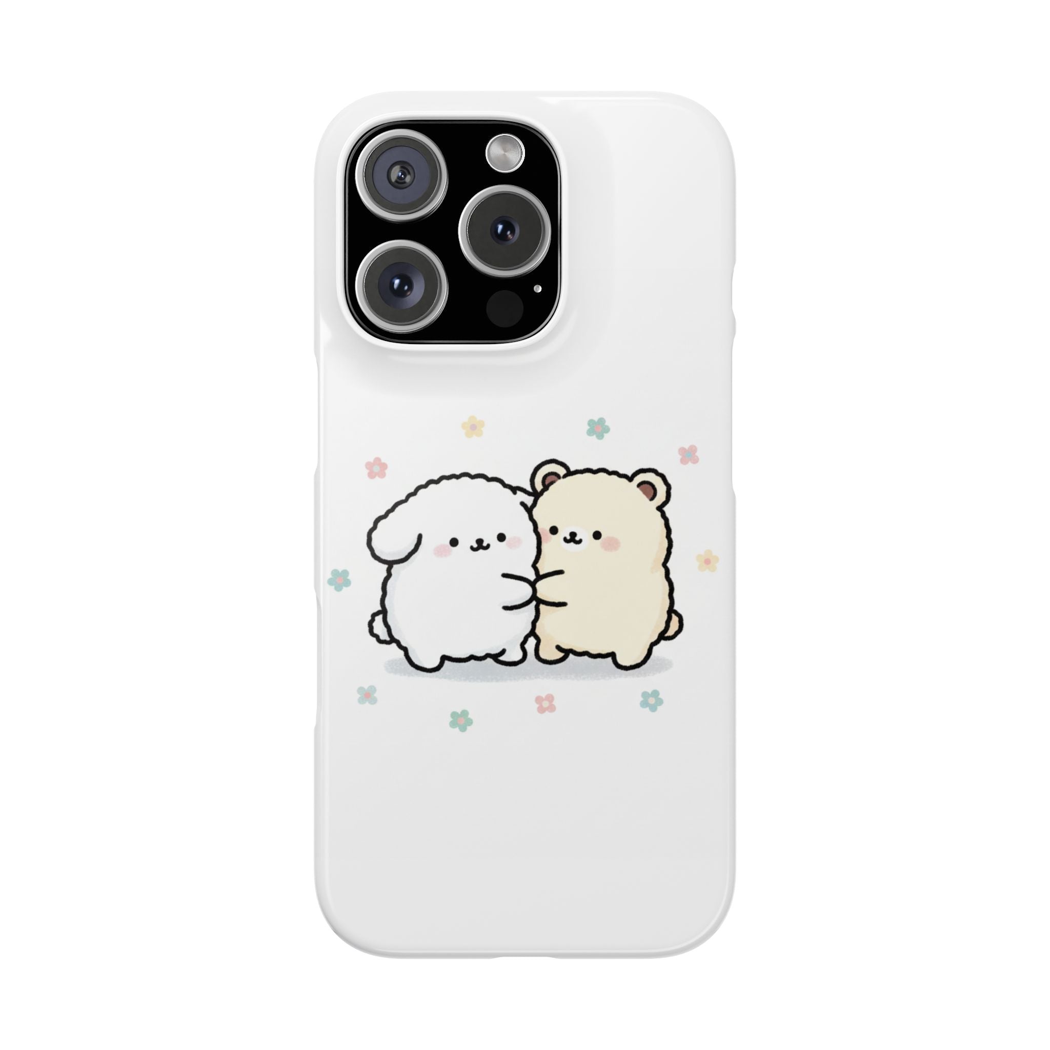 Kawaii Puppy & Bear Hug Slim Phone Case — Pastel Floral Cute Cozy Design