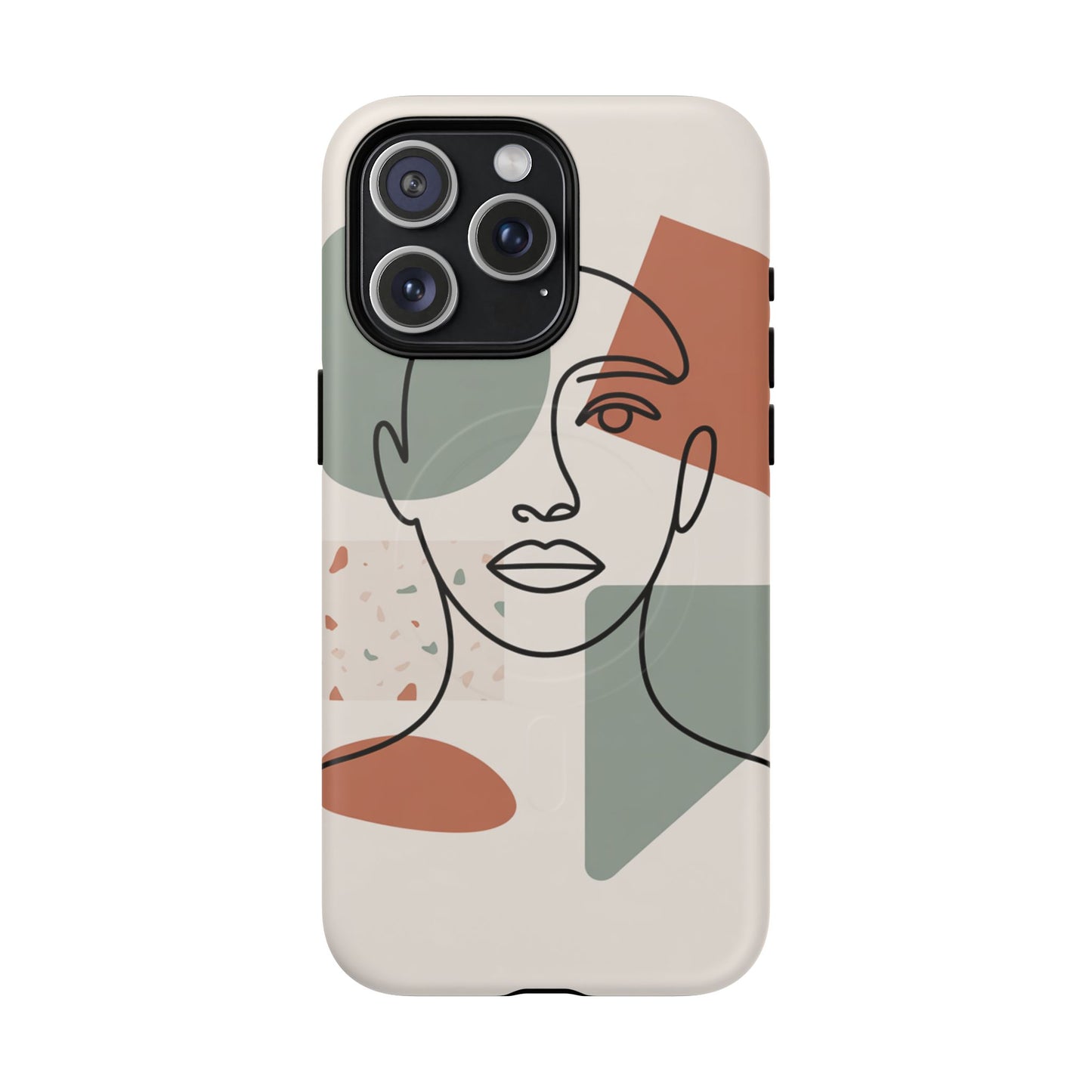 Phone Case - Minimalist Abstract Art Face Design - Sage Green and Terracotta Colors