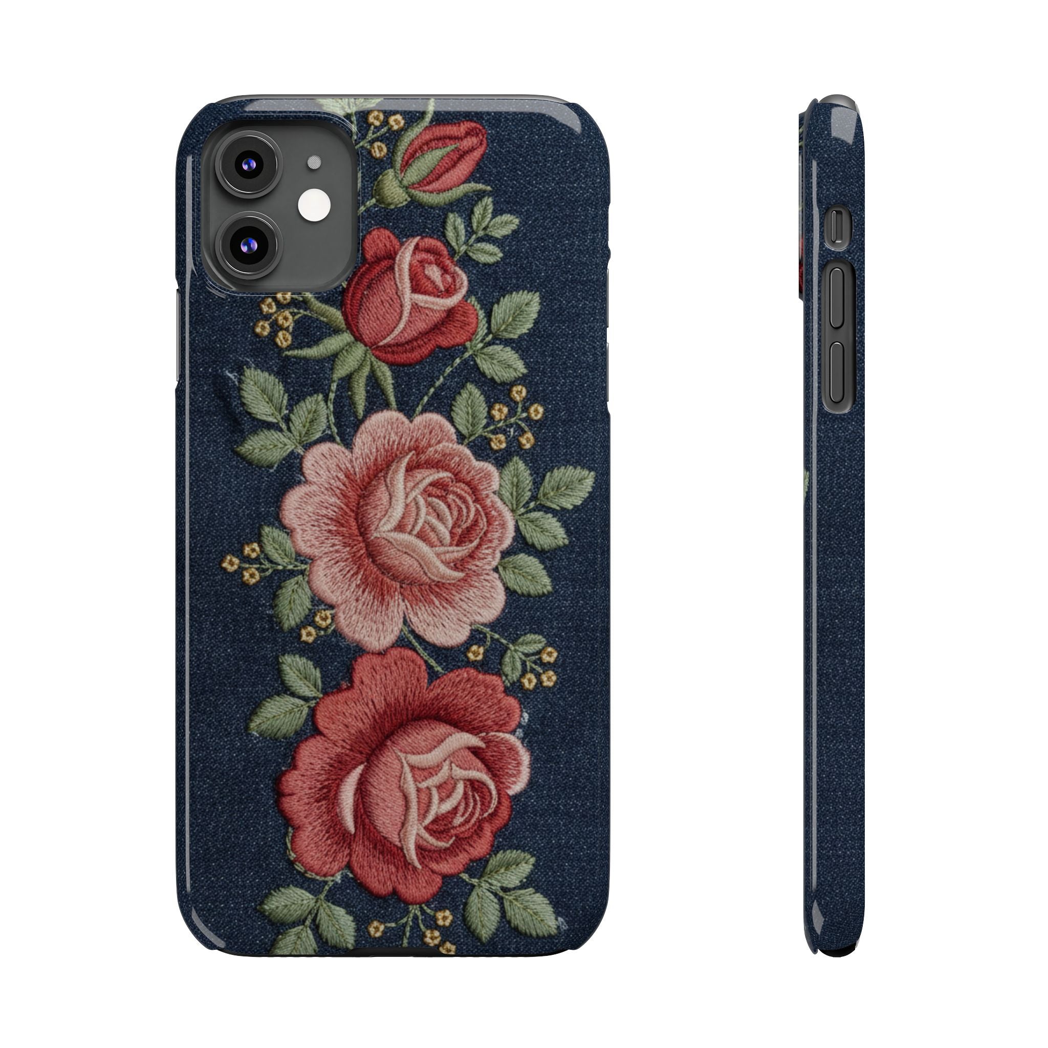 Denim Floral Embroidered Slim Phone Case — Stitched Roses & Vines