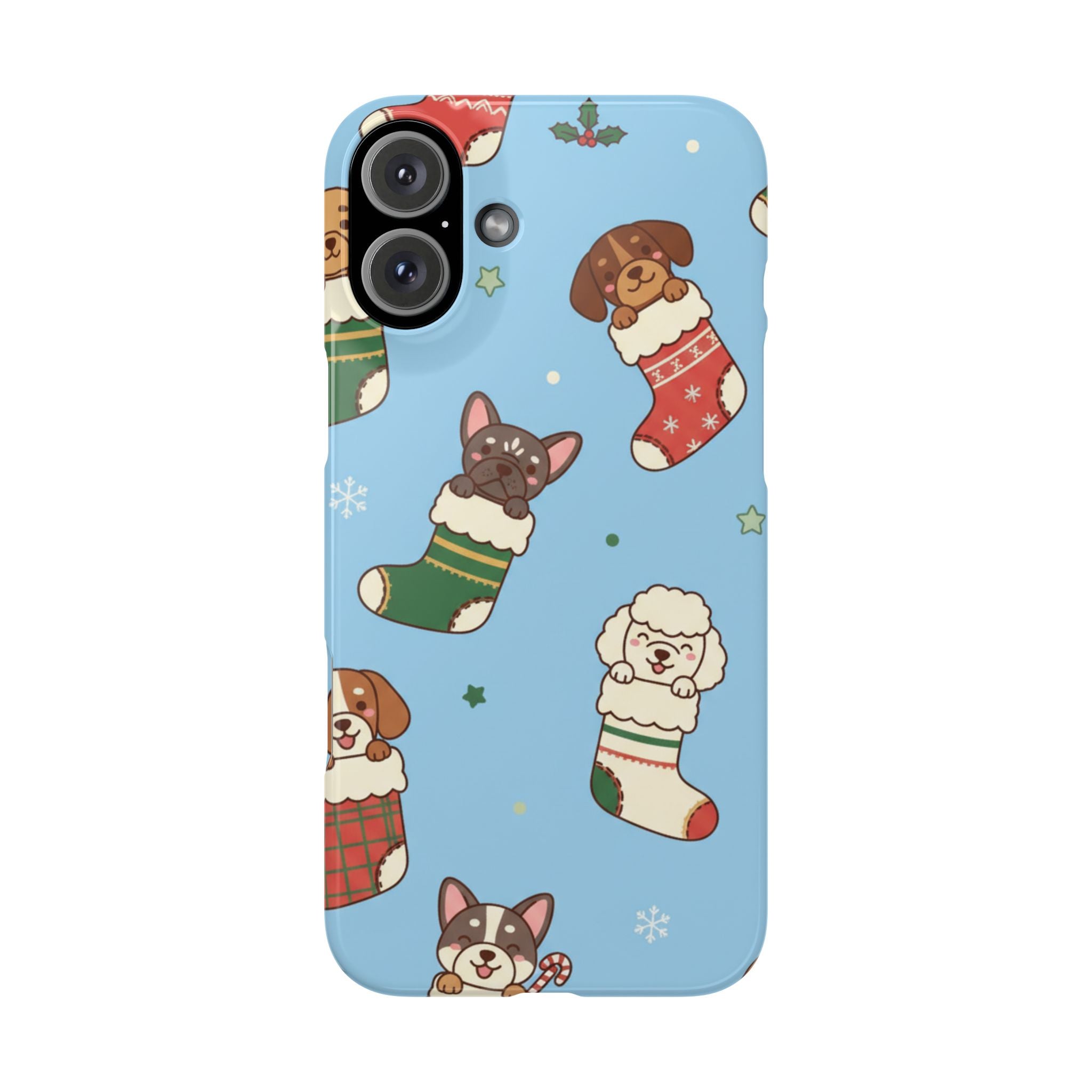 Dog Breeds Christmas Stocking Phone Case — Cute Puppy Pattern on Light Blue