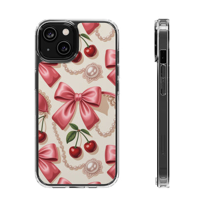 Phone Cases - Coquette Aesthetic Pattern with Pink Satin Bows, Pearls, and Cherries