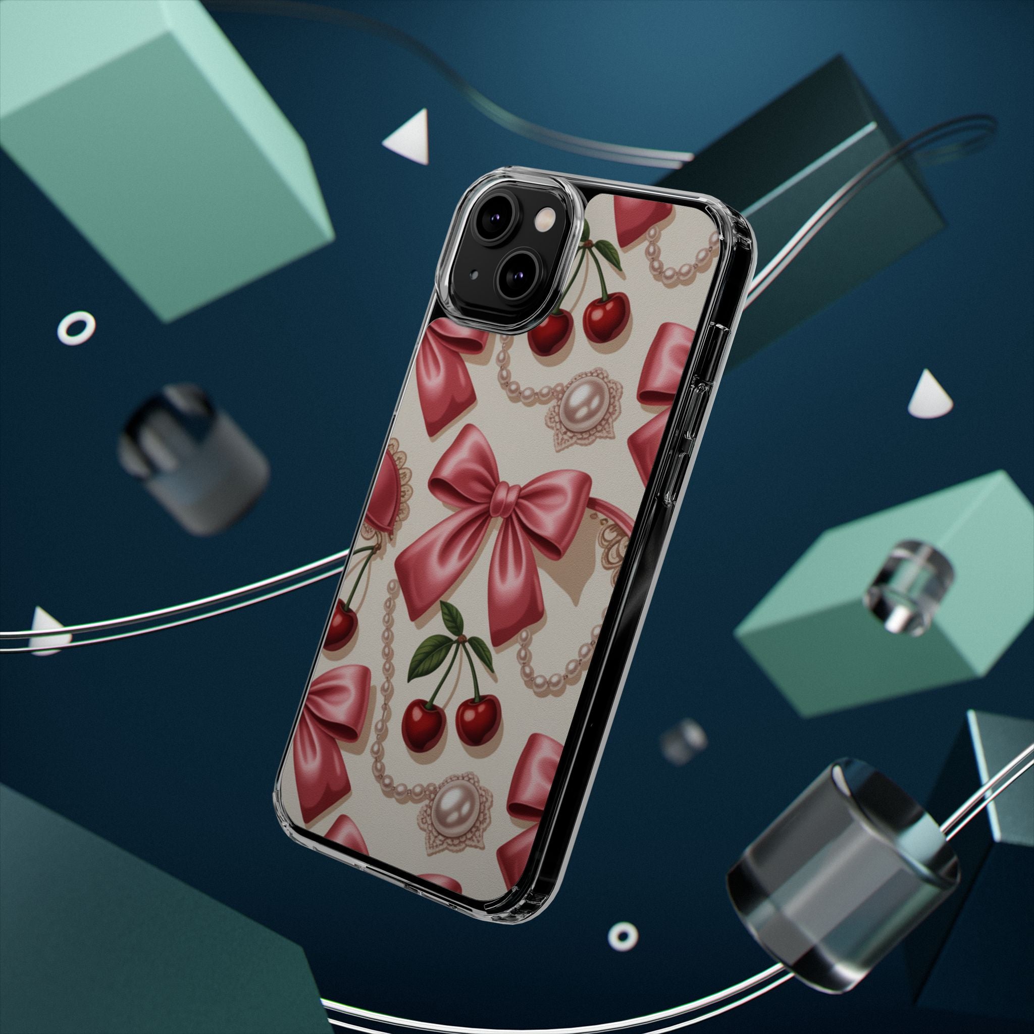 Phone Cases - Coquette Aesthetic Pattern with Pink Satin Bows, Pearls, and Cherries