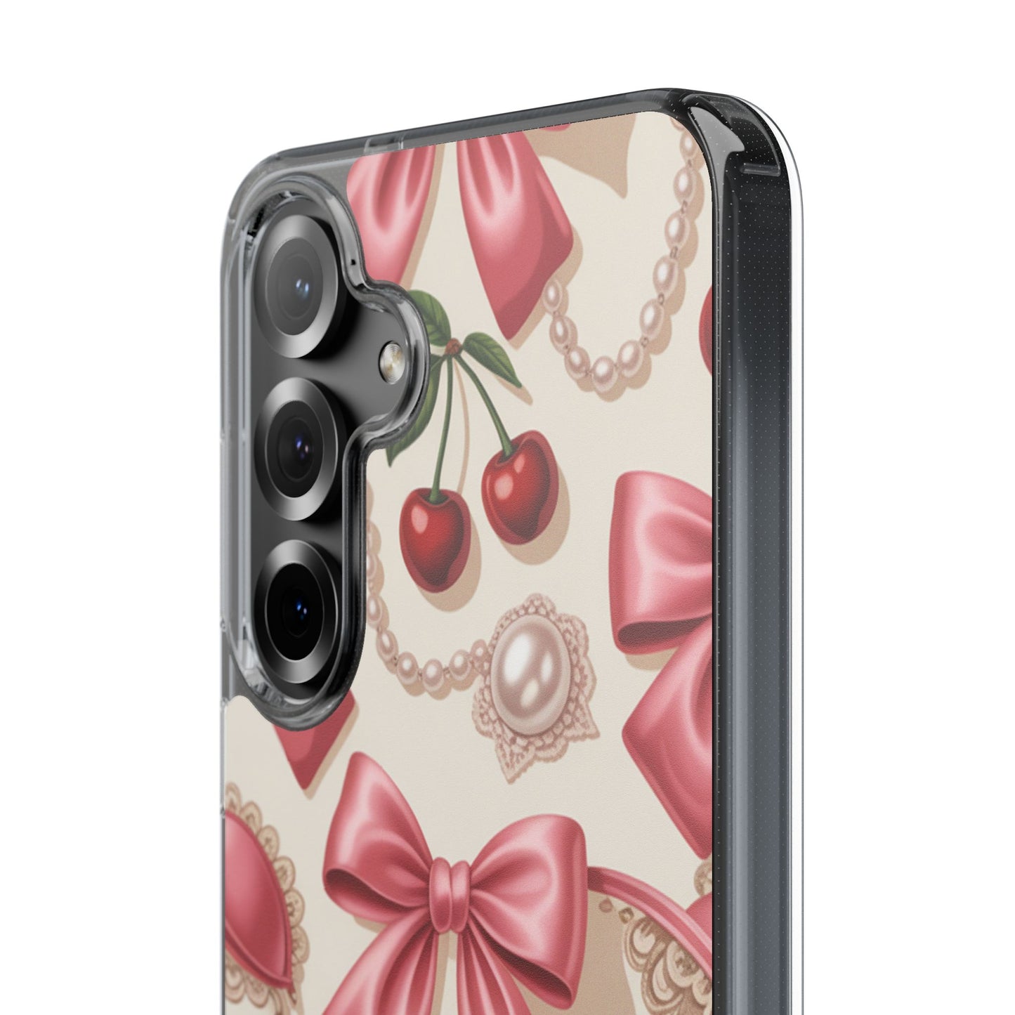 Phone Cases - Coquette Aesthetic Pattern with Pink Satin Bows, Pearls, and Cherries