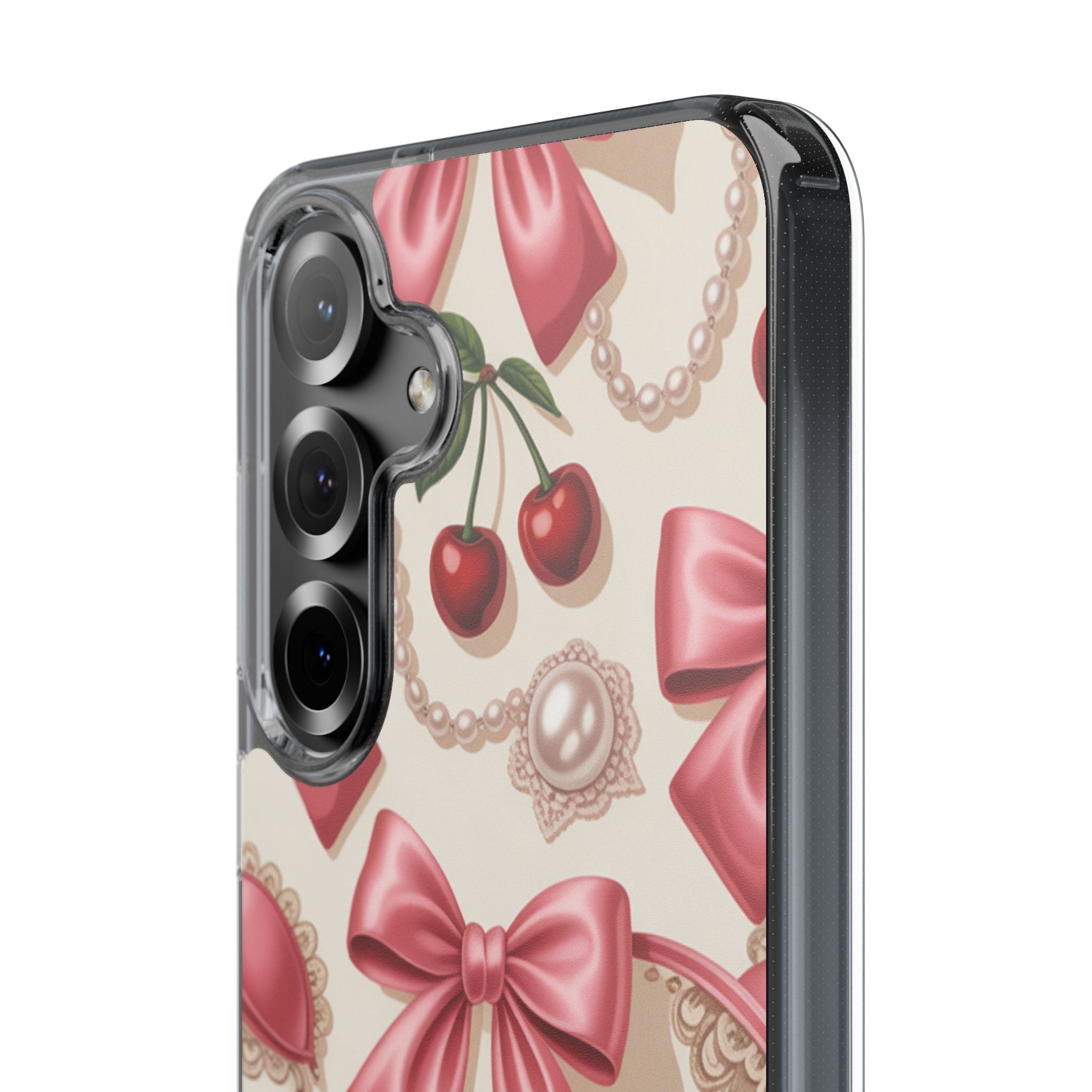 Phone Cases - Coquette Aesthetic Pattern with Pink Satin Bows, Pearls, and Cherries