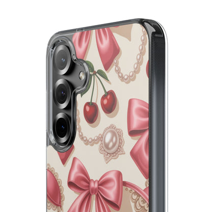 Phone Cases - Coquette Aesthetic Pattern with Pink Satin Bows, Pearls, and Cherries