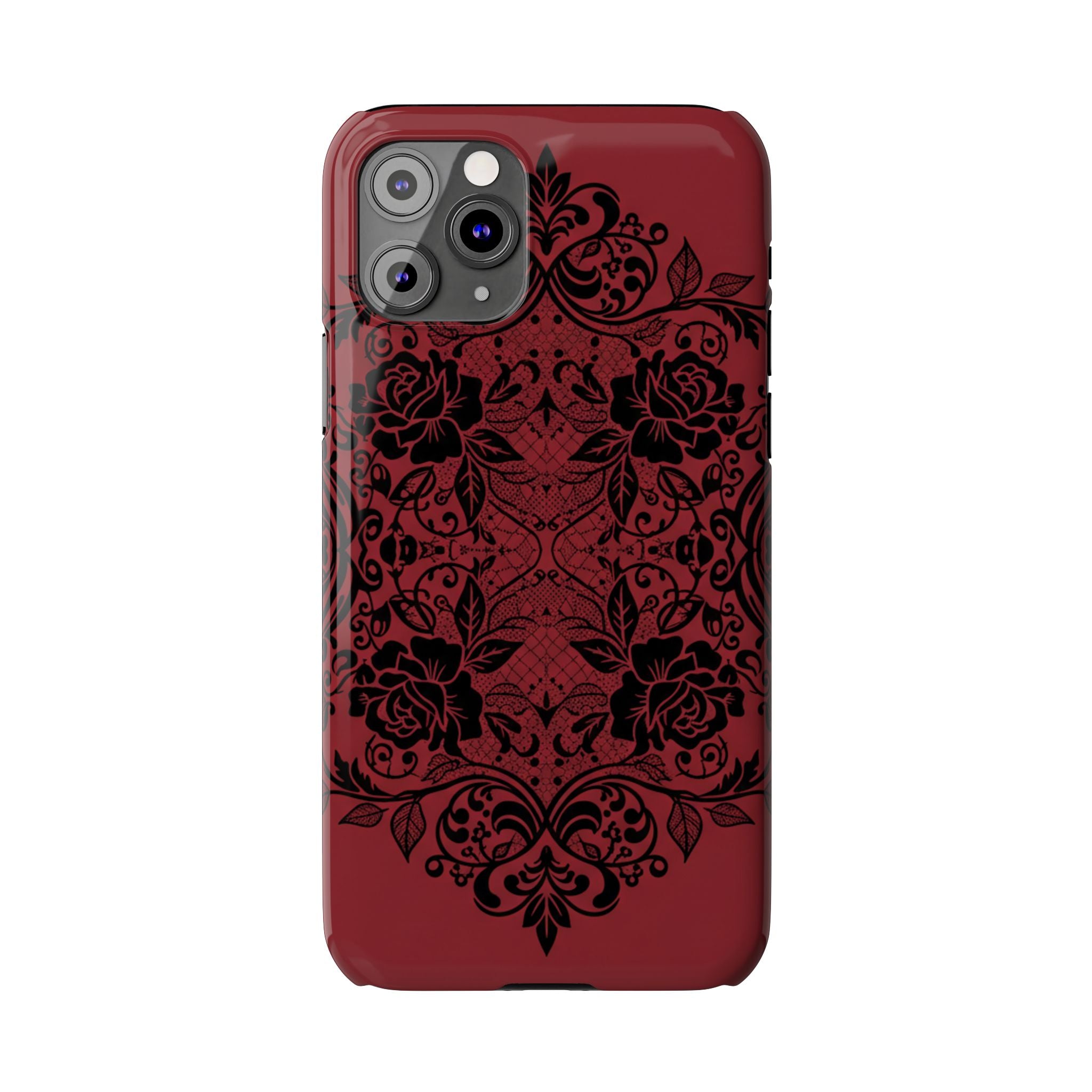 Gothic Lace Phone Case — Intricate Black Lace Over Deep Blood Red