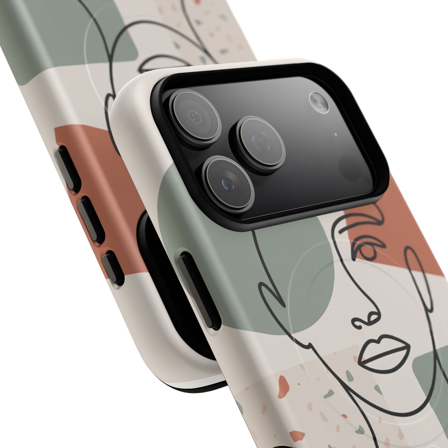 Phone Case - Minimalist Abstract Art Face Design - Sage Green and Terracotta Colors