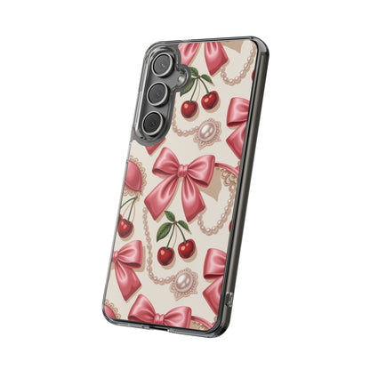 Phone Cases - Coquette Aesthetic Pattern with Pink Satin Bows, Pearls, and Cherries