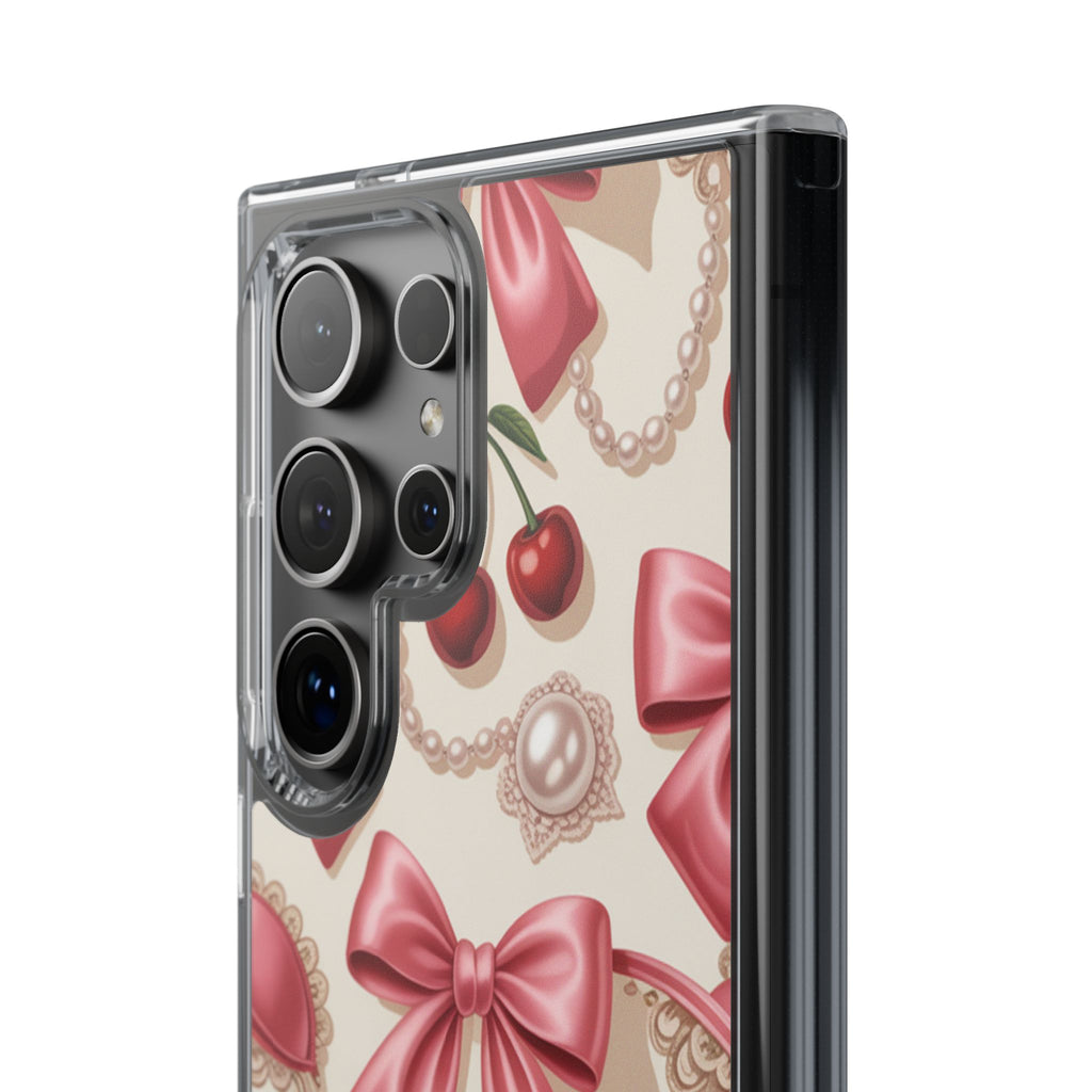 Phone Cases - Coquette Aesthetic Pattern with Pink Satin Bows, Pearls, and Cherries