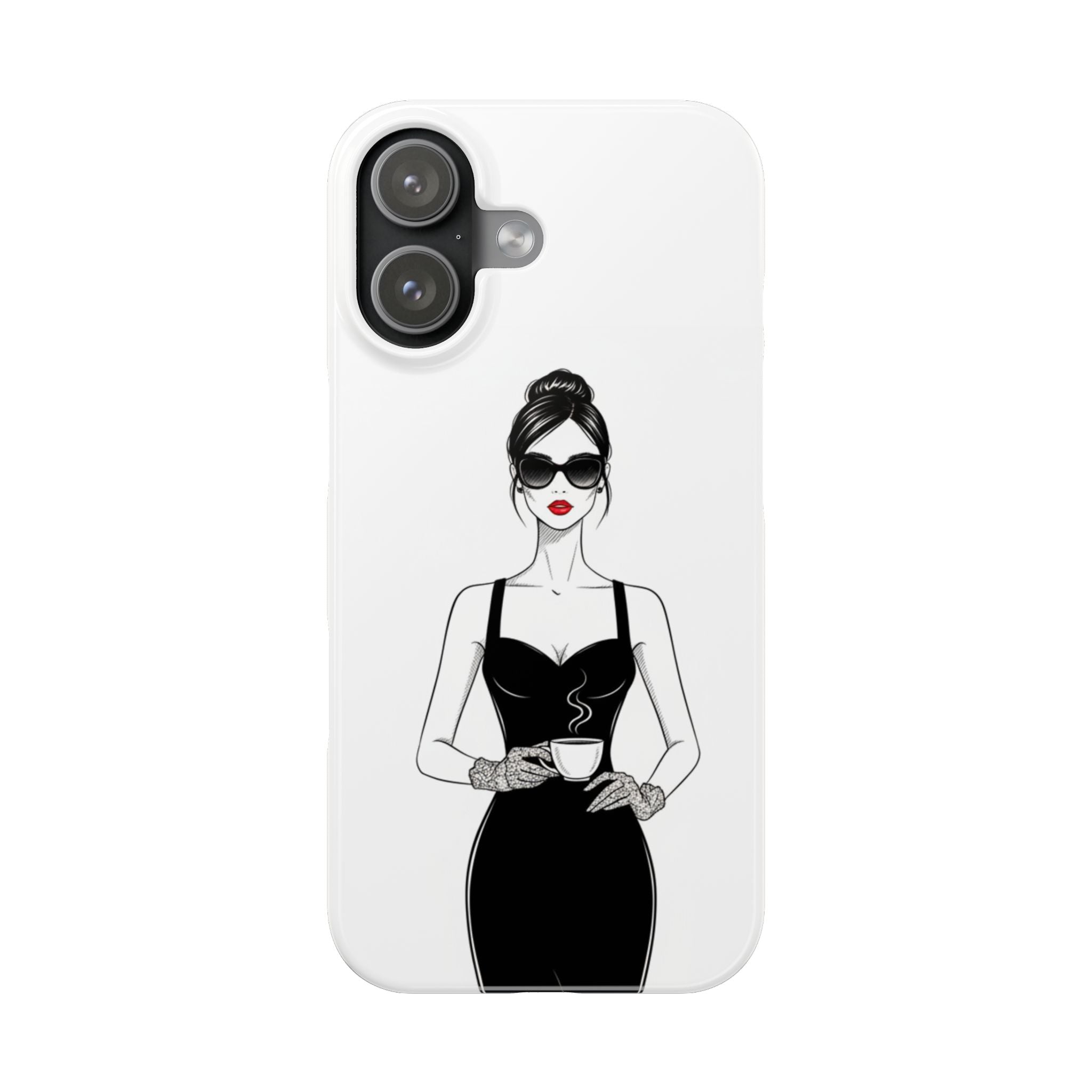 Chic High-Fashion Slim Phone Case — Black Dress Illustration with Red Lip Accent