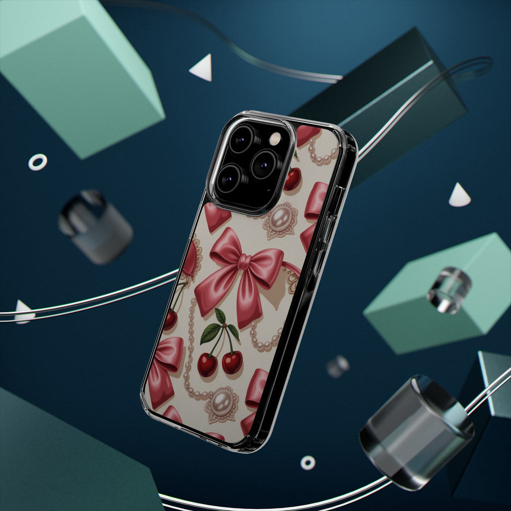 Phone Cases - Coquette Aesthetic Pattern with Pink Satin Bows, Pearls, and Cherries