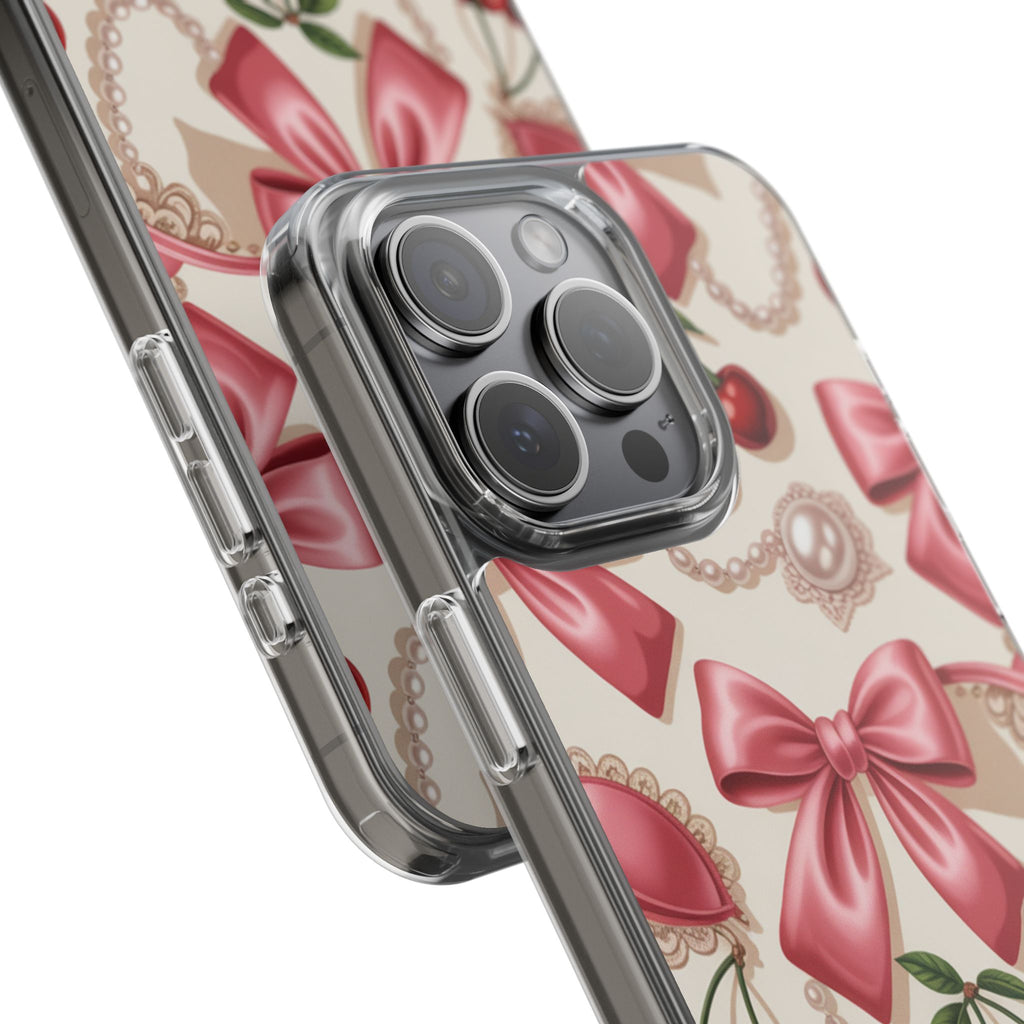 Phone Cases - Coquette Aesthetic Pattern with Pink Satin Bows, Pearls, and Cherries
