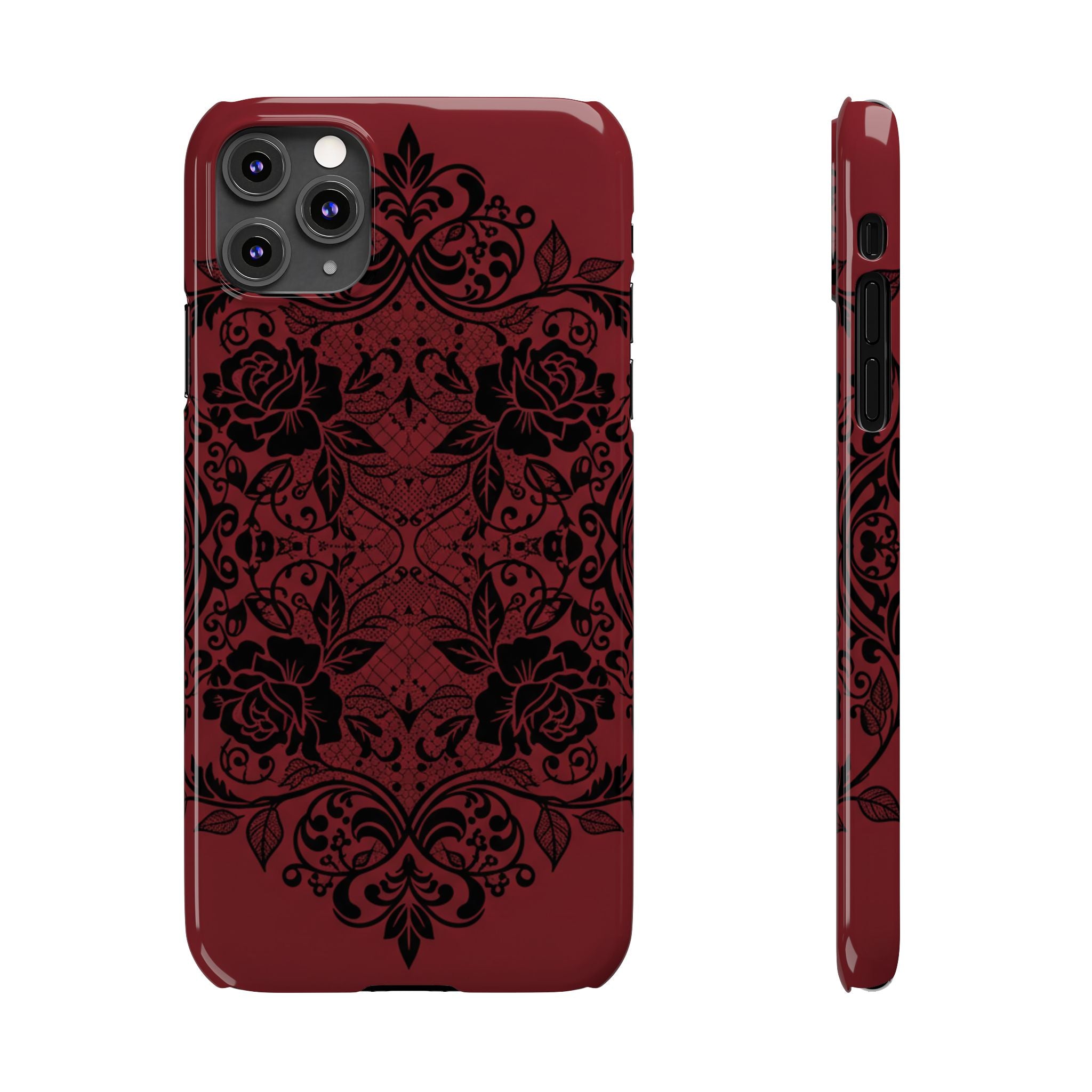 Gothic Lace Phone Case — Intricate Black Lace Over Deep Blood Red