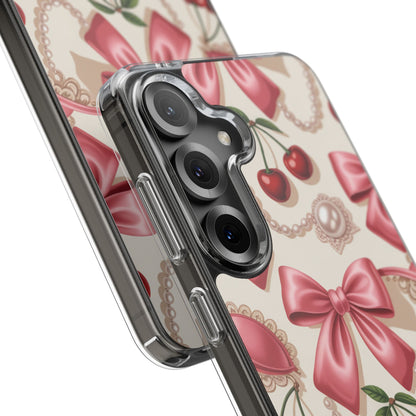 Phone Cases - Coquette Aesthetic Pattern with Pink Satin Bows, Pearls, and Cherries