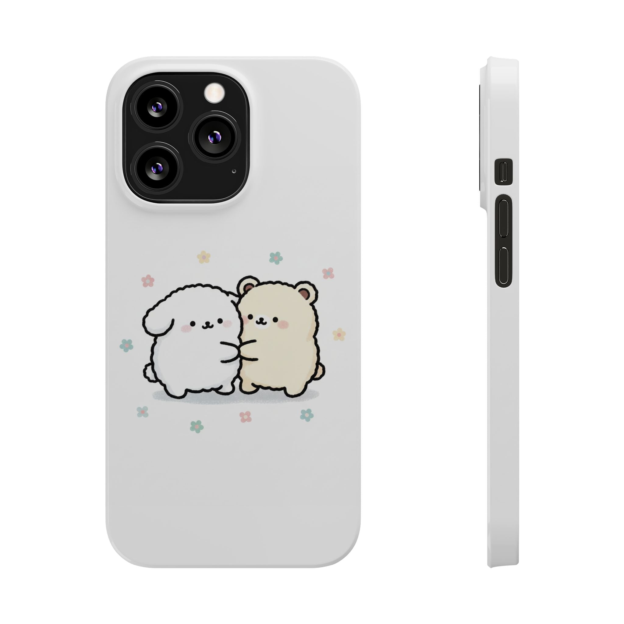 Kawaii Puppy & Bear Hug Slim Phone Case — Pastel Floral Cute Cozy Design