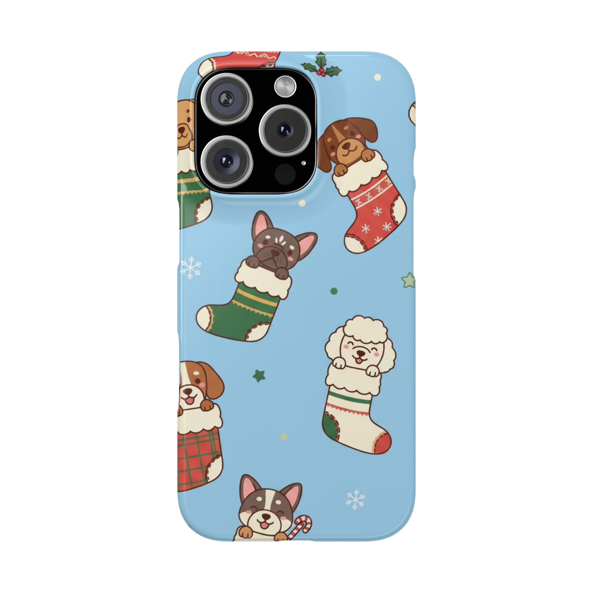 Dog Breeds Christmas Stocking Phone Case — Cute Puppy Pattern on Light Blue