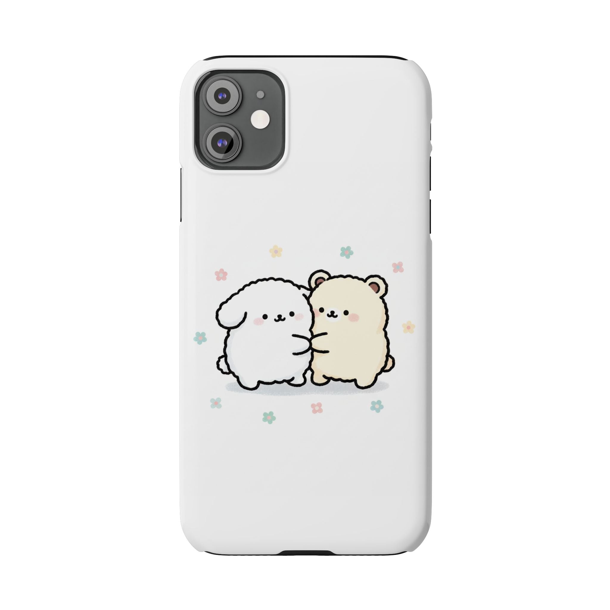 Kawaii Puppy & Bear Hug Slim Phone Case — Pastel Floral Cute Cozy Design