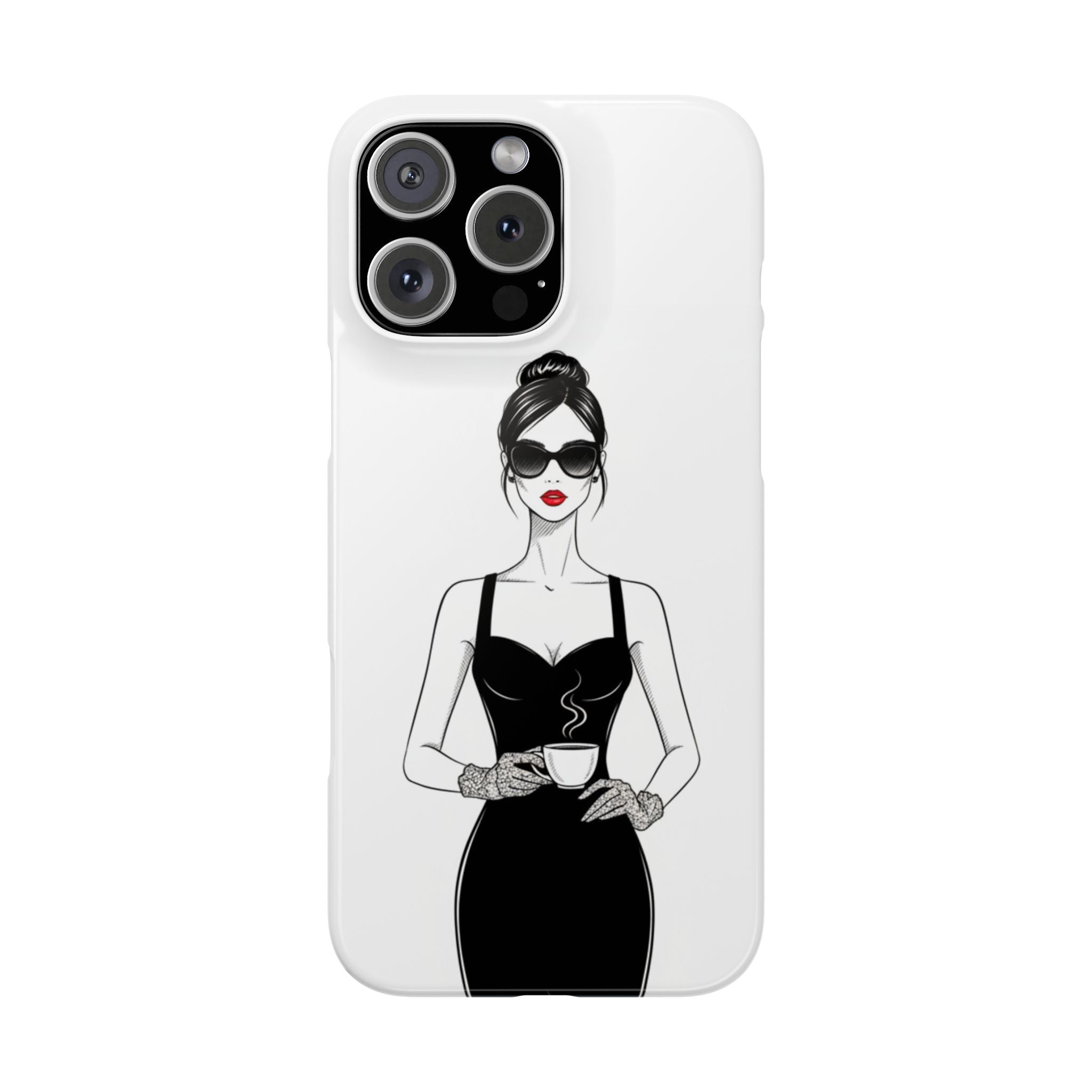 Chic High-Fashion Slim Phone Case — Black Dress Illustration with Red Lip Accent