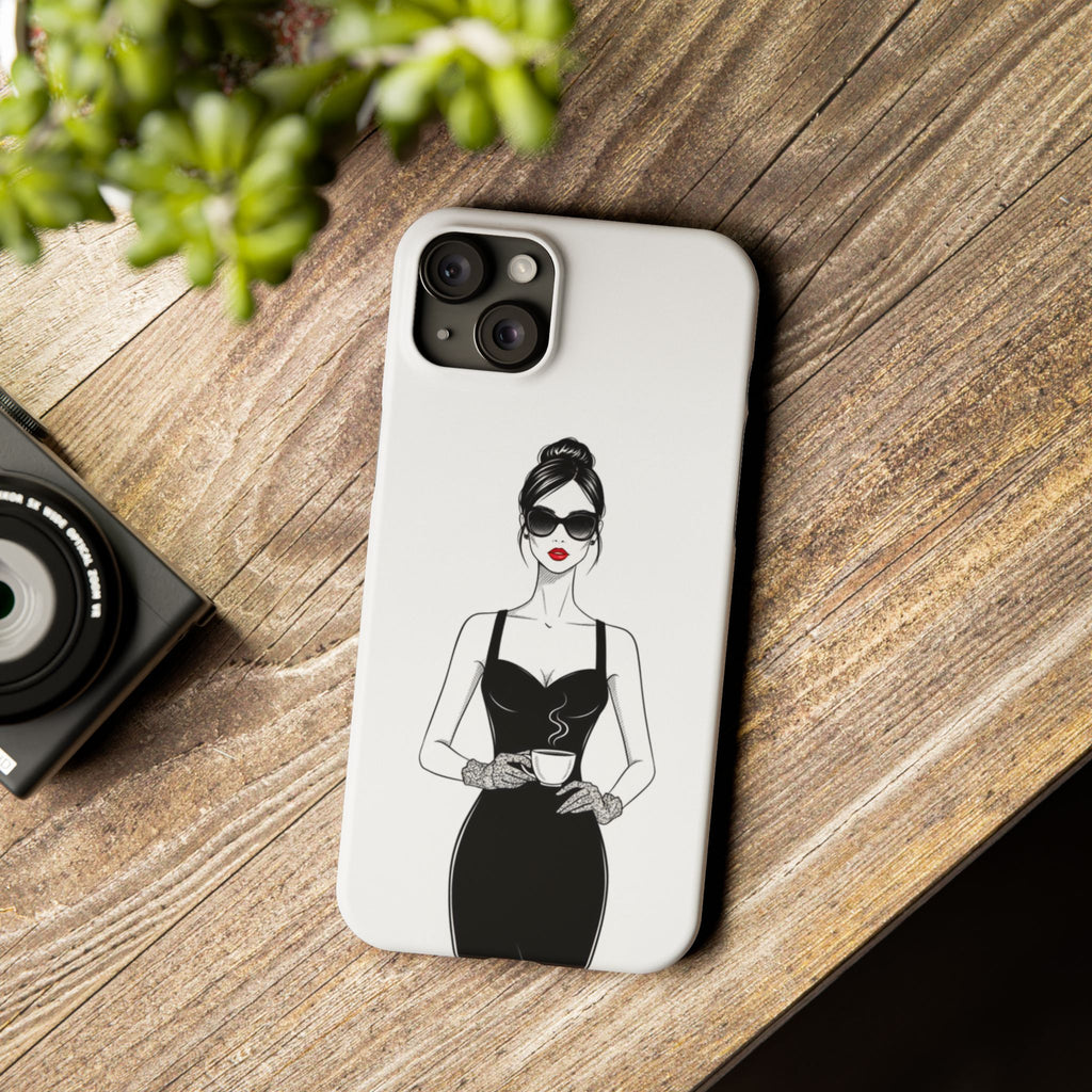 Chic High-Fashion Slim Phone Case — Black Dress Illustration with Red Lip Accent