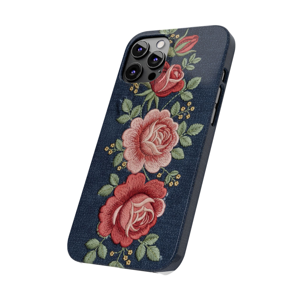 Denim Floral Embroidered Slim Phone Case — Stitched Roses & Vines