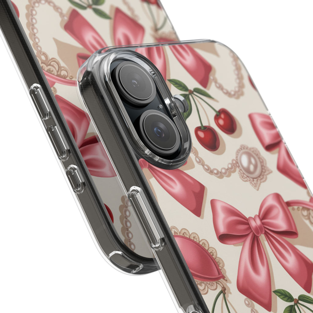 Phone Cases - Coquette Aesthetic Pattern with Pink Satin Bows, Pearls, and Cherries