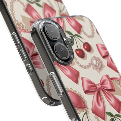 Phone Cases - Coquette Aesthetic Pattern with Pink Satin Bows, Pearls, and Cherries