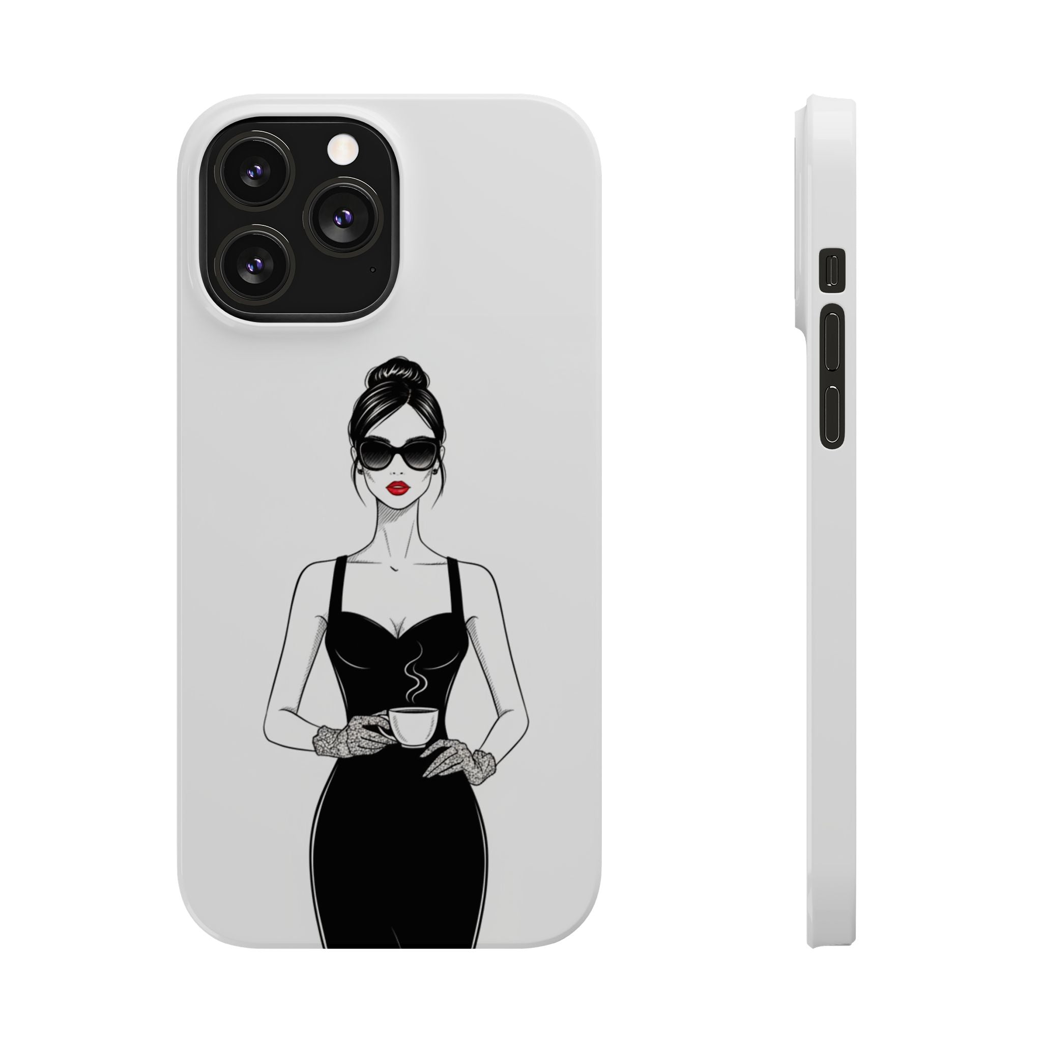 Chic High-Fashion Slim Phone Case — Black Dress Illustration with Red Lip Accent