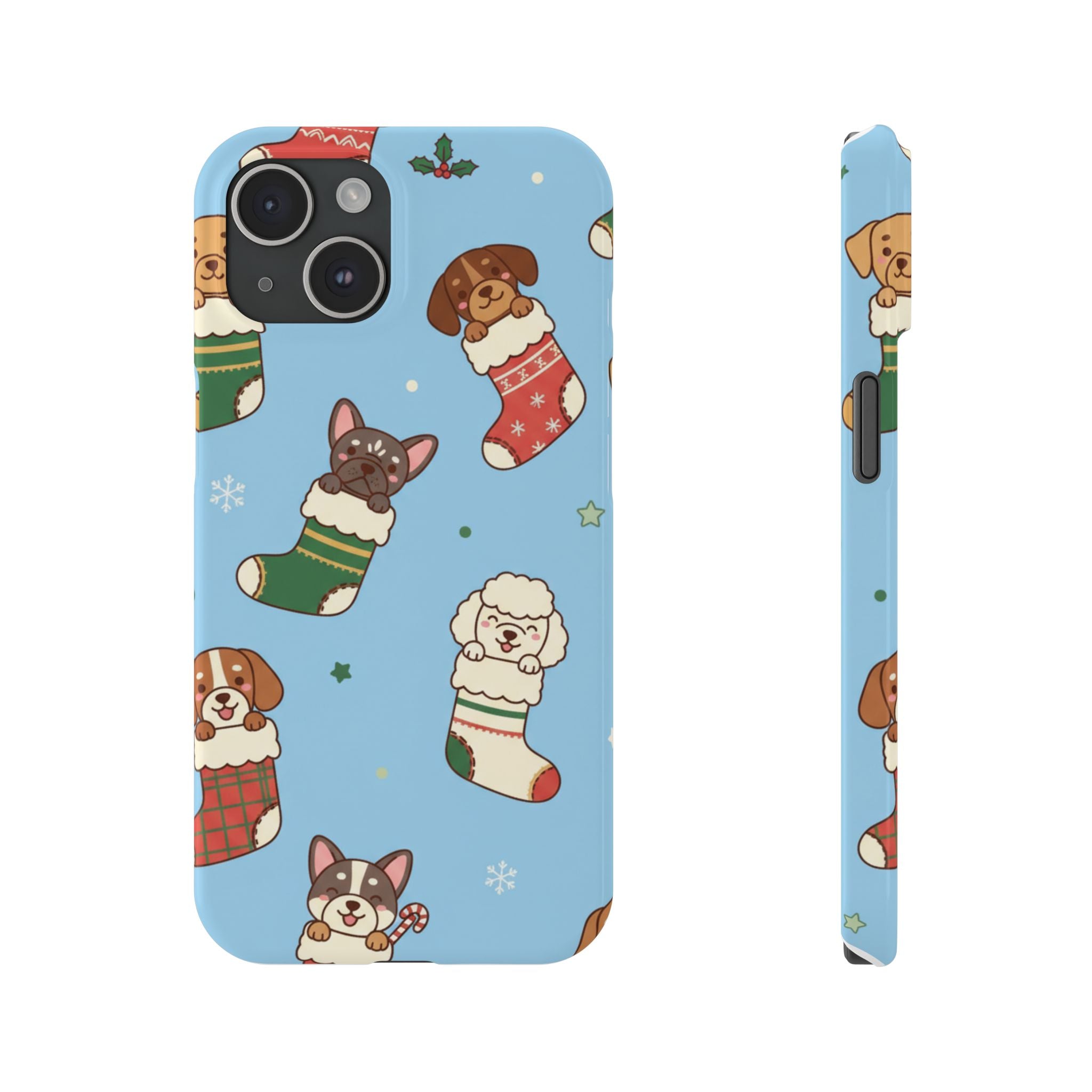 Dog Breeds Christmas Stocking Phone Case — Cute Puppy Pattern on Light Blue