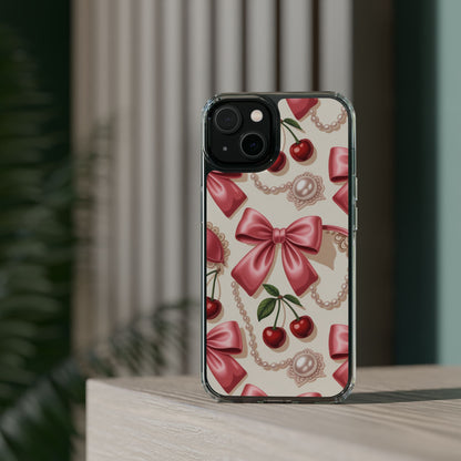 Phone Cases - Coquette Aesthetic Pattern with Pink Satin Bows, Pearls, and Cherries