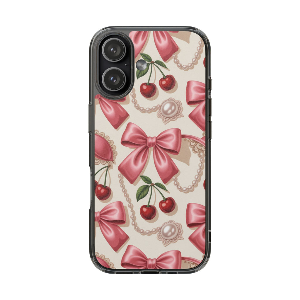 Phone Cases - Coquette Aesthetic Pattern with Pink Satin Bows, Pearls, and Cherries
