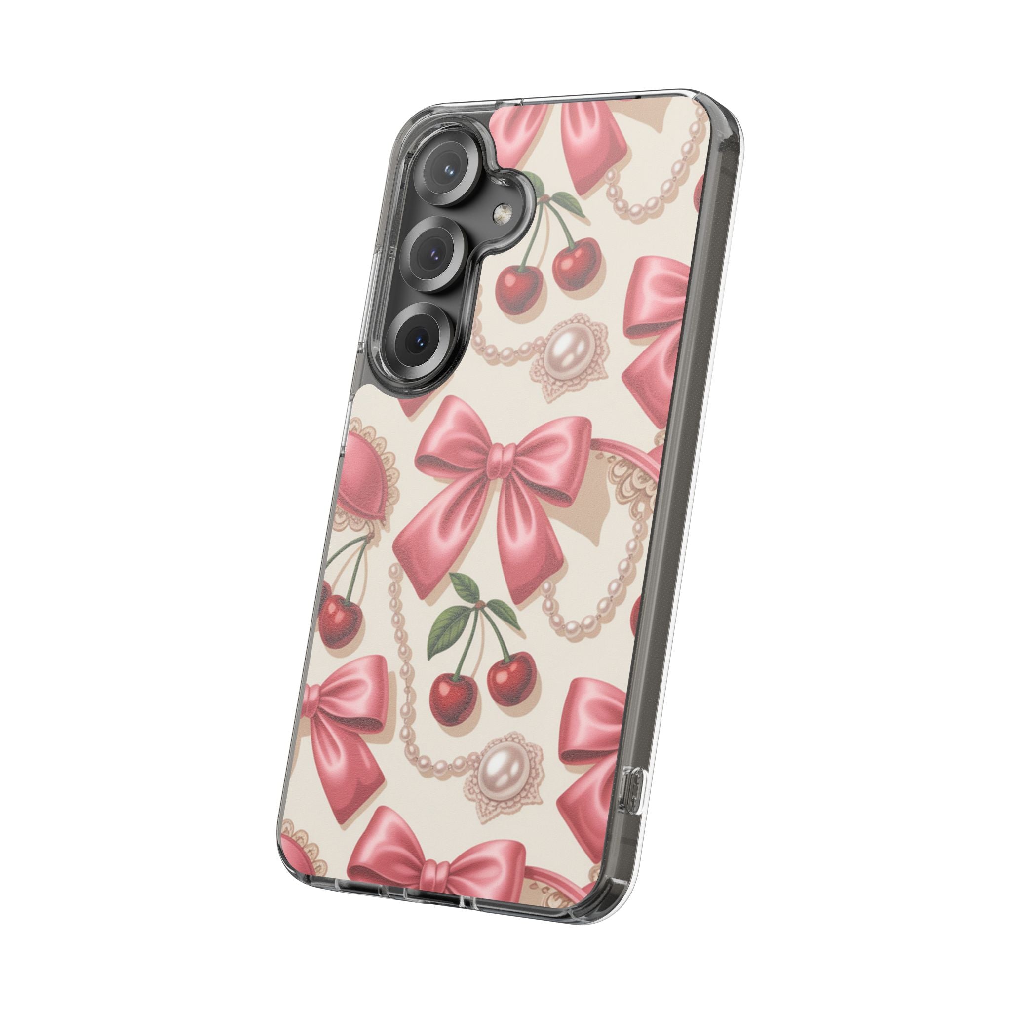 Phone Cases - Coquette Aesthetic Pattern with Pink Satin Bows, Pearls, and Cherries