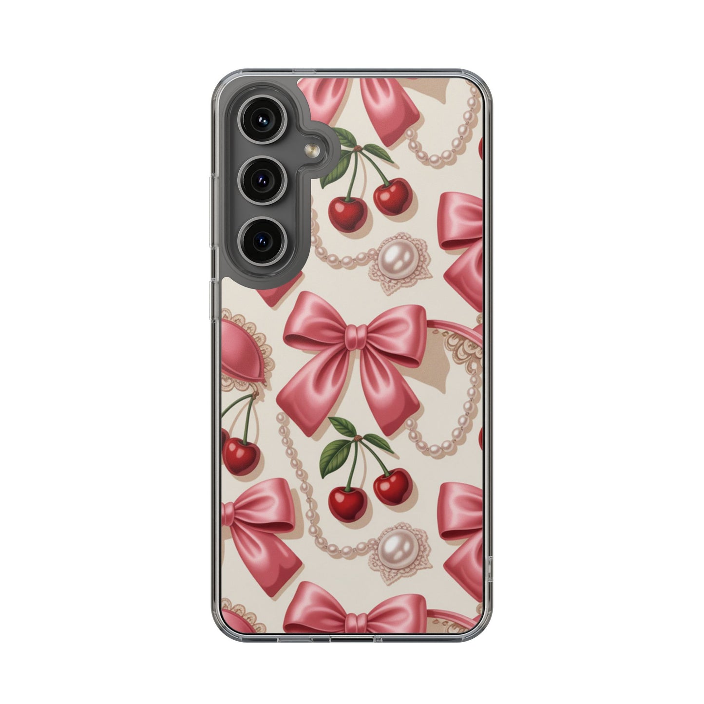 Phone Cases - Coquette Aesthetic Pattern with Pink Satin Bows, Pearls, and Cherries