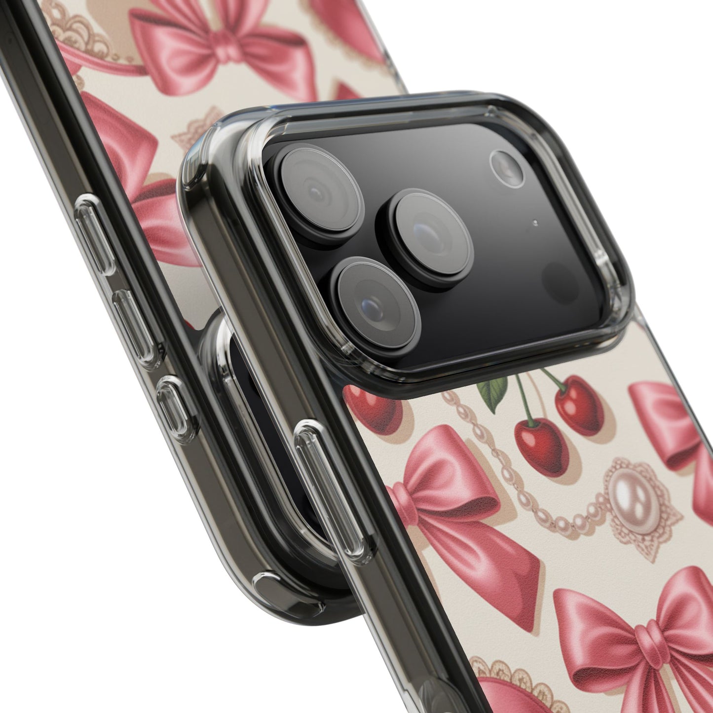 Phone Cases - Coquette Aesthetic Pattern with Pink Satin Bows, Pearls, and Cherries
