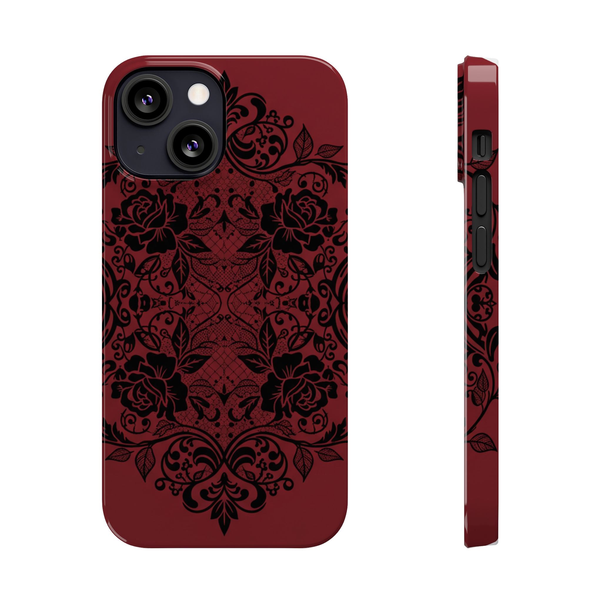 Gothic Lace Phone Case — Intricate Black Lace Over Deep Blood Red