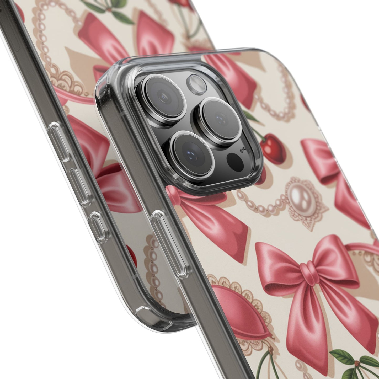 Phone Cases - Coquette Aesthetic Pattern with Pink Satin Bows, Pearls, and Cherries