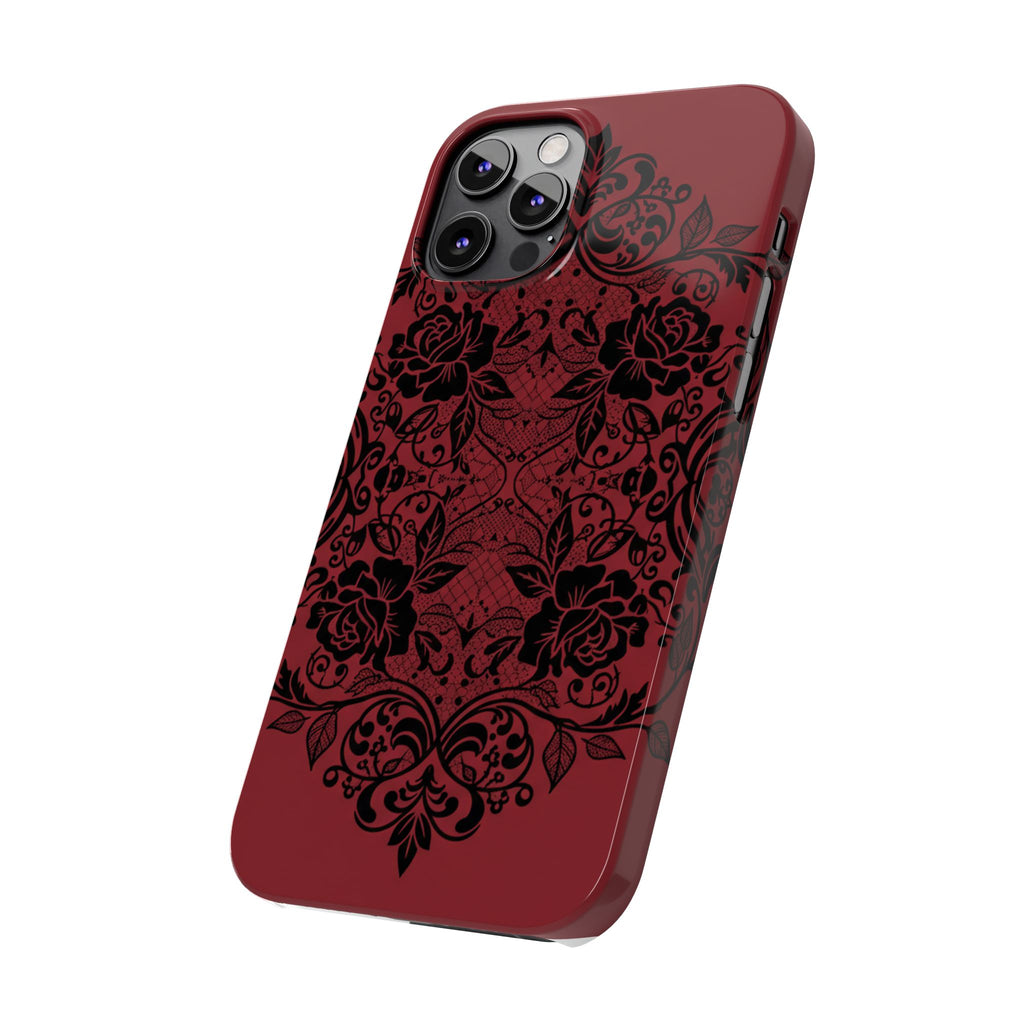 Gothic Lace Phone Case — Intricate Black Lace Over Deep Blood Red