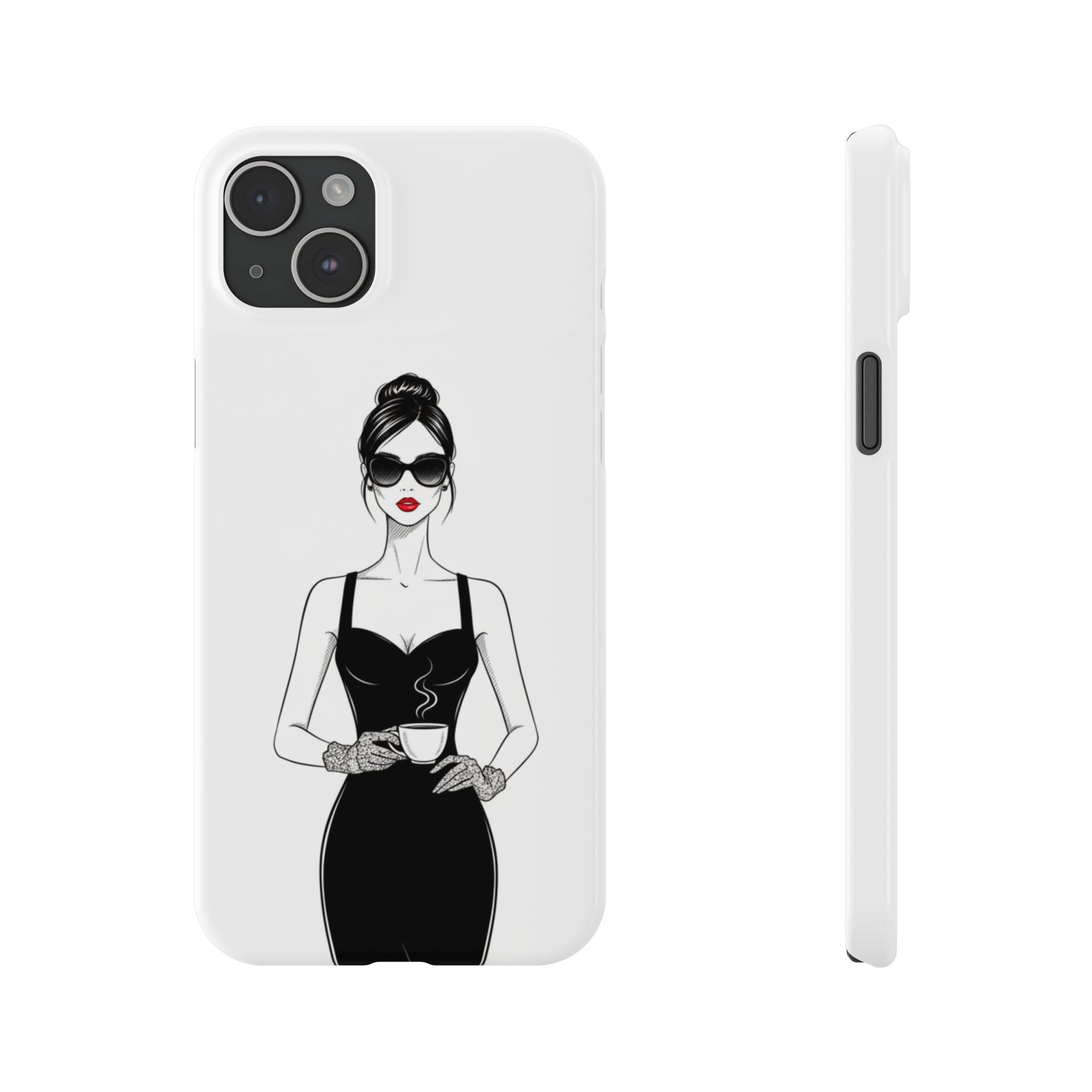 Chic High-Fashion Slim Phone Case — Black Dress Illustration with Red Lip Accent