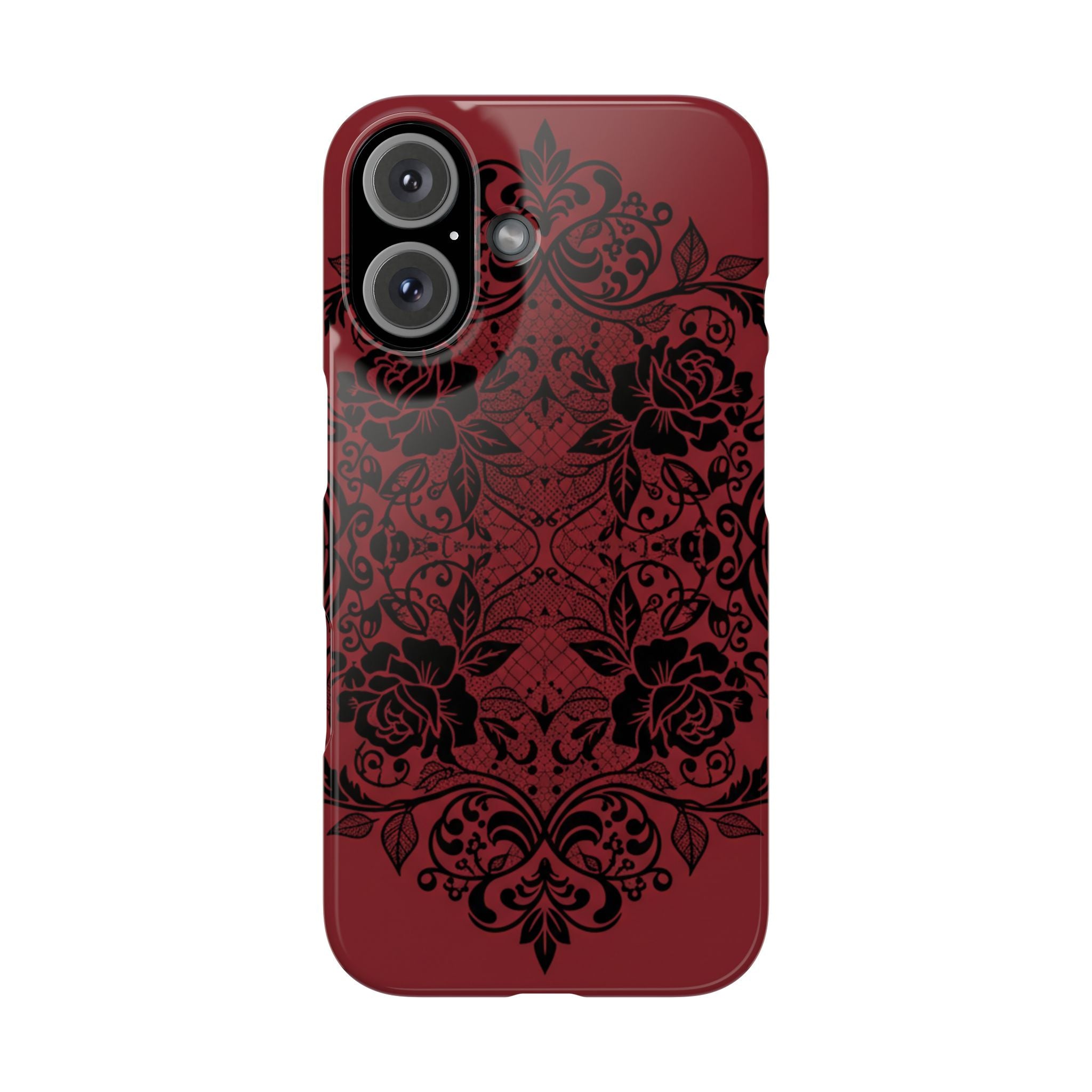 Gothic Lace Phone Case — Intricate Black Lace Over Deep Blood Red