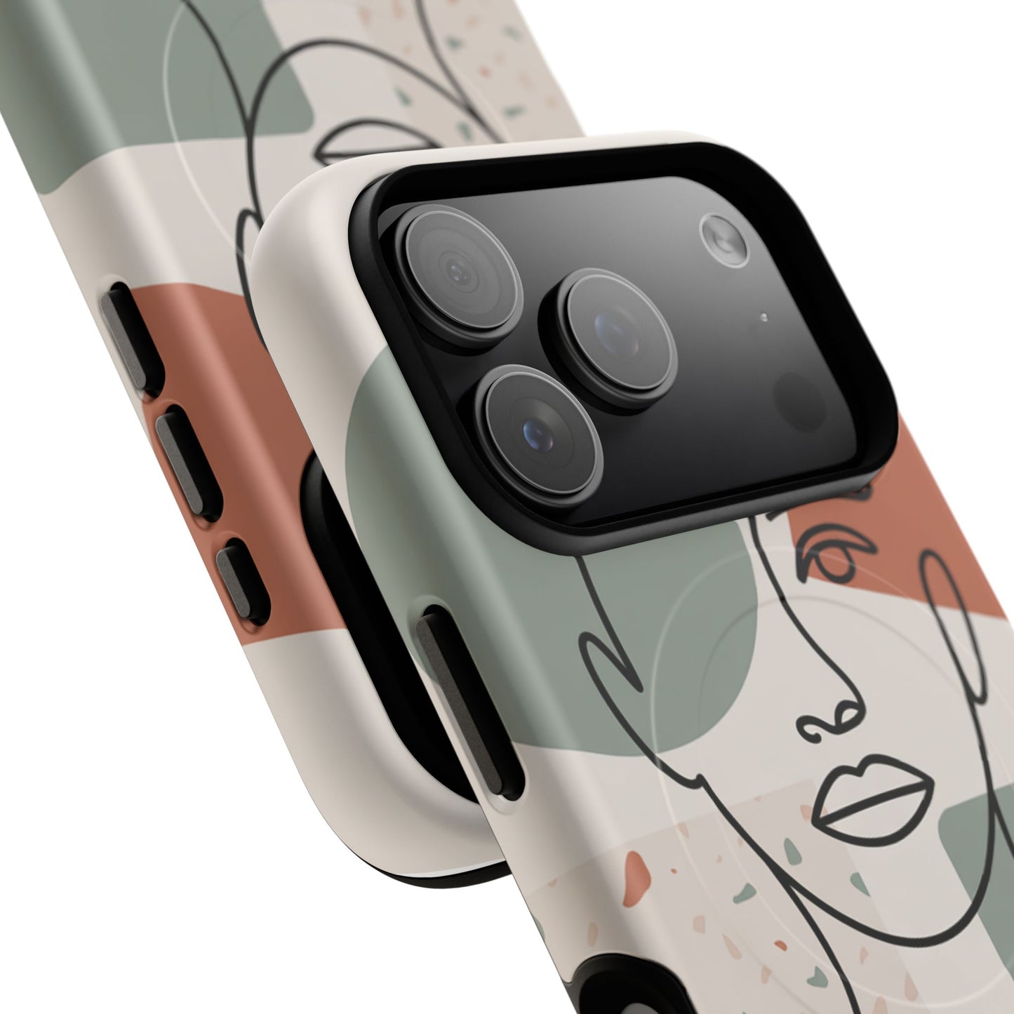 Phone Case - Minimalist Abstract Art Face Design - Sage Green and Terracotta Colors