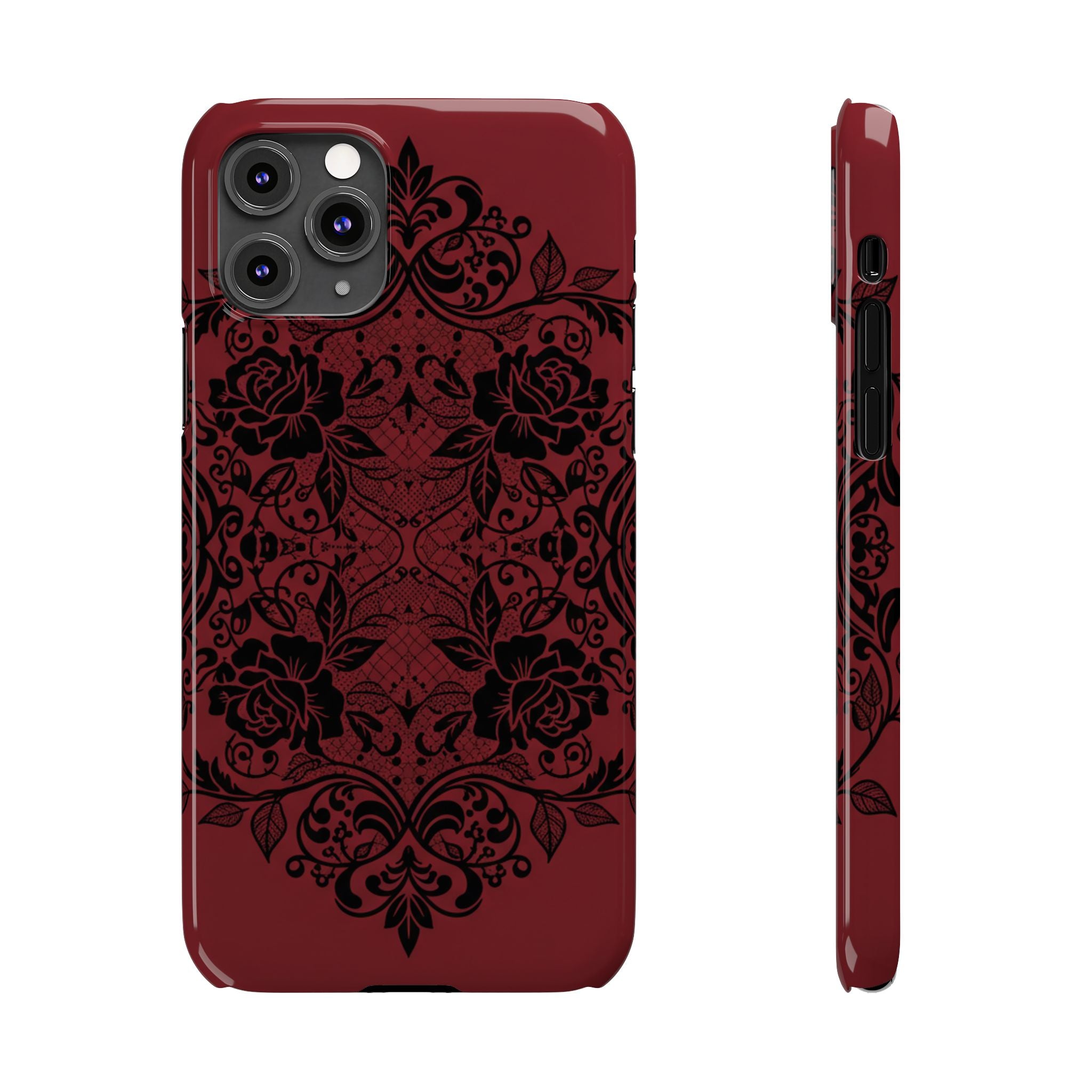 Gothic Lace Phone Case — Intricate Black Lace Over Deep Blood Red