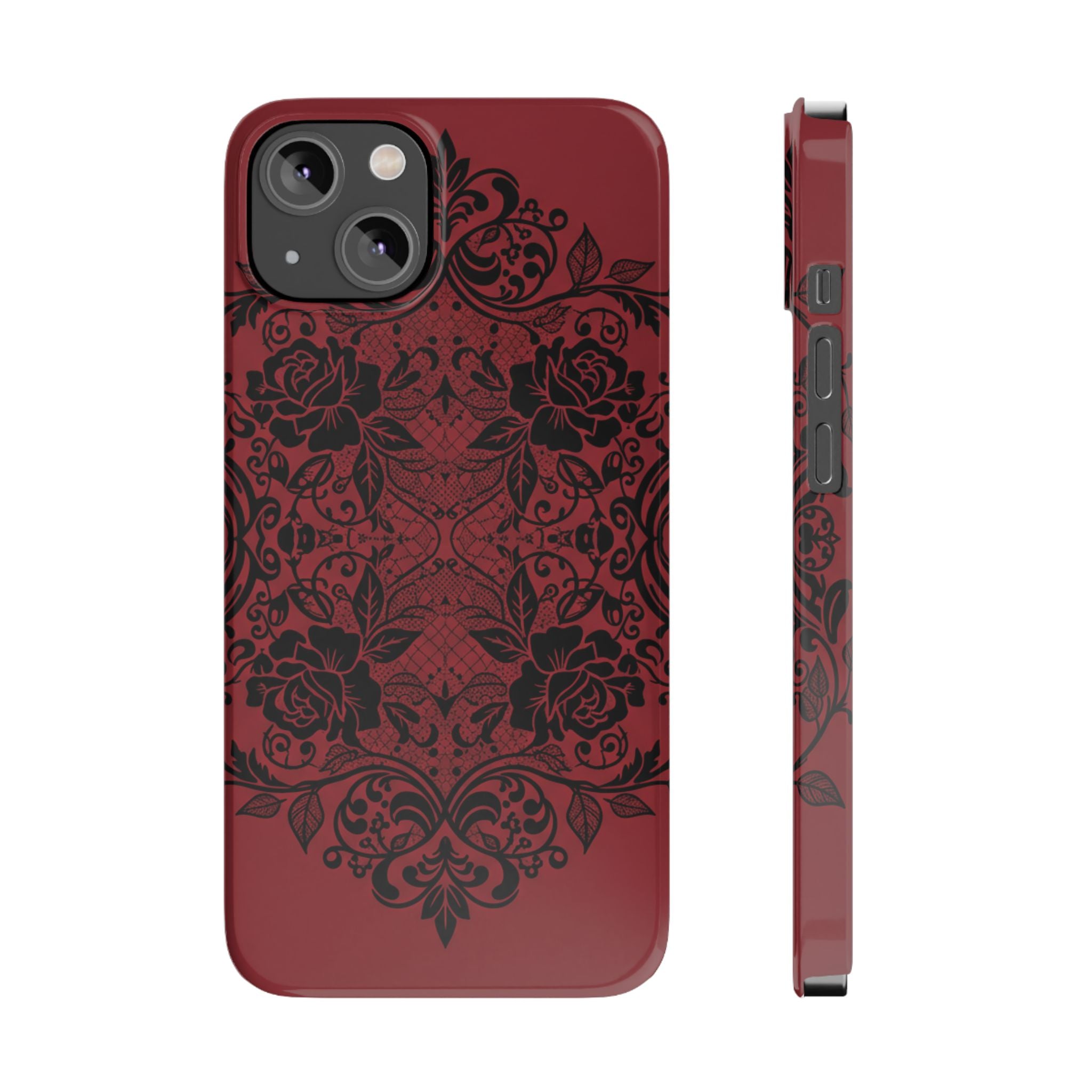 Gothic Lace Phone Case — Intricate Black Lace Over Deep Blood Red
