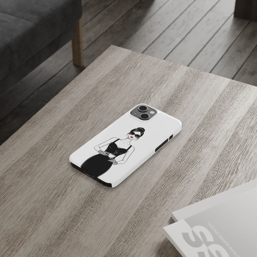 Chic High-Fashion Slim Phone Case — Black Dress Illustration with Red Lip Accent