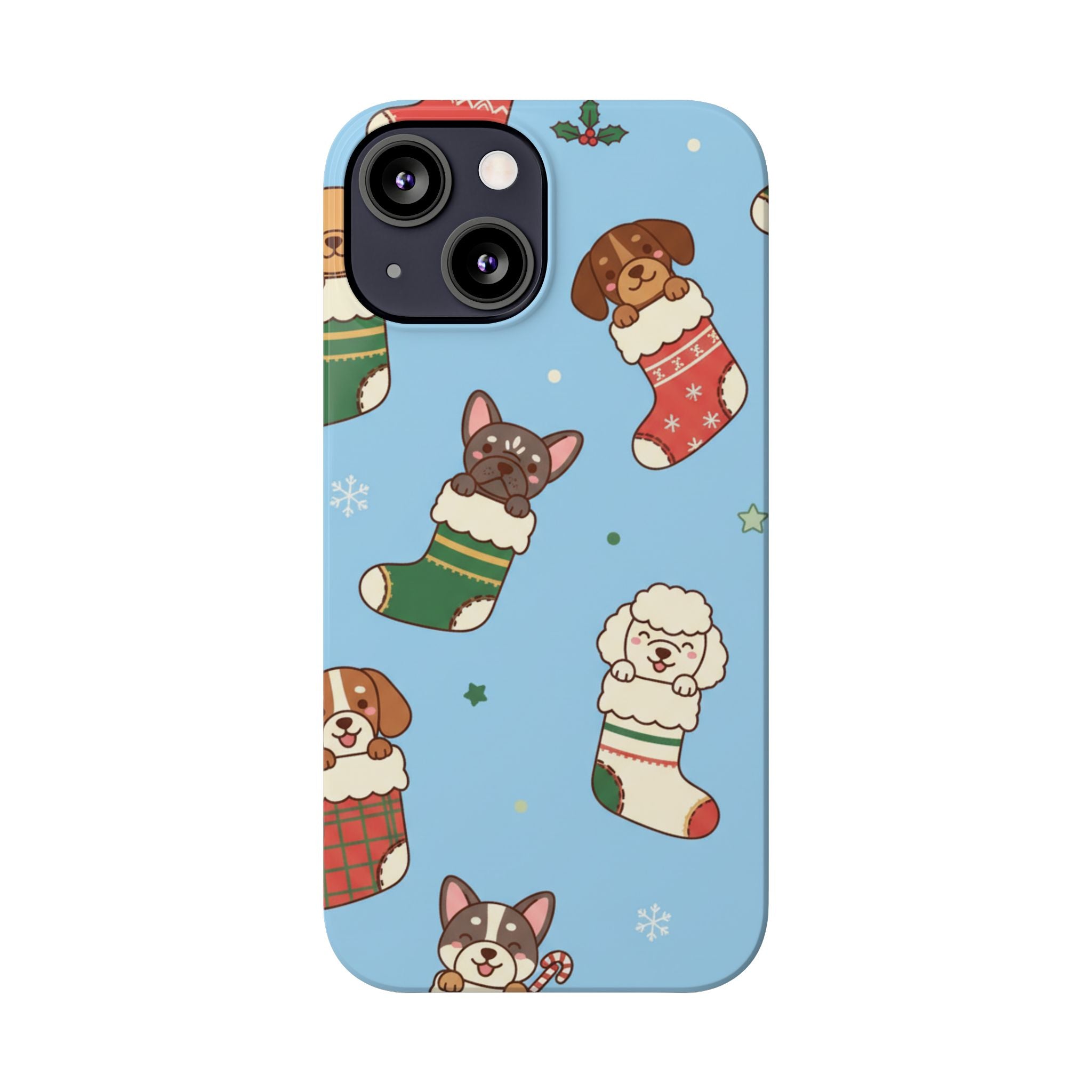 Dog Breeds Christmas Stocking Phone Case — Cute Puppy Pattern on Light Blue