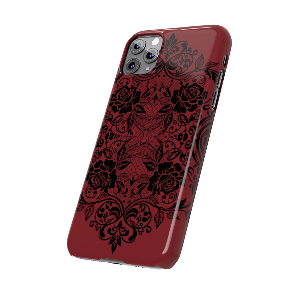 Gothic Lace Phone Case — Intricate Black Lace Over Deep Blood Red