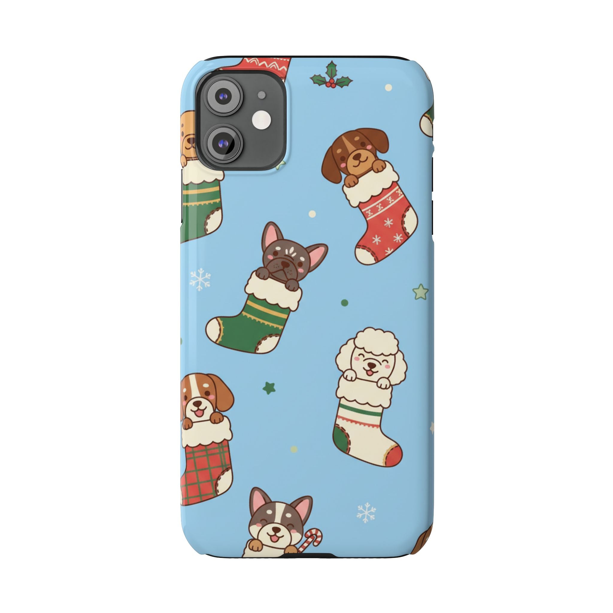 Dog Breeds Christmas Stocking Phone Case — Cute Puppy Pattern on Light Blue