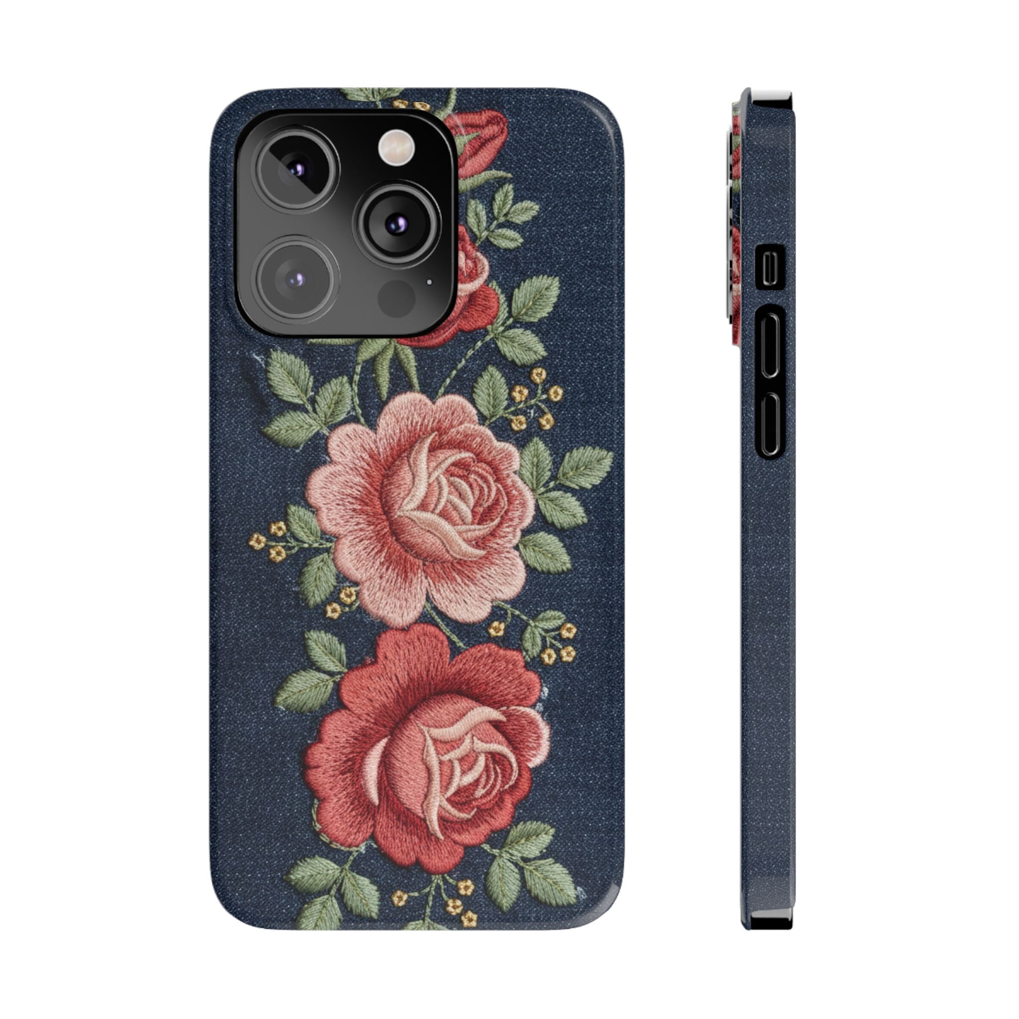 Denim Floral Embroidered Slim Phone Case — Stitched Roses & Vines