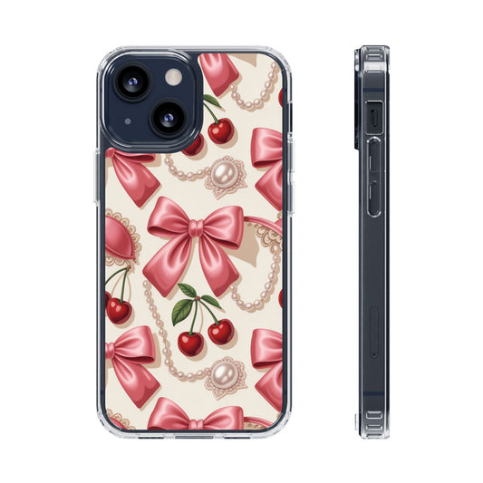 Phone Cases - Coquette Aesthetic Pattern with Pink Satin Bows, Pearls, and Cherries