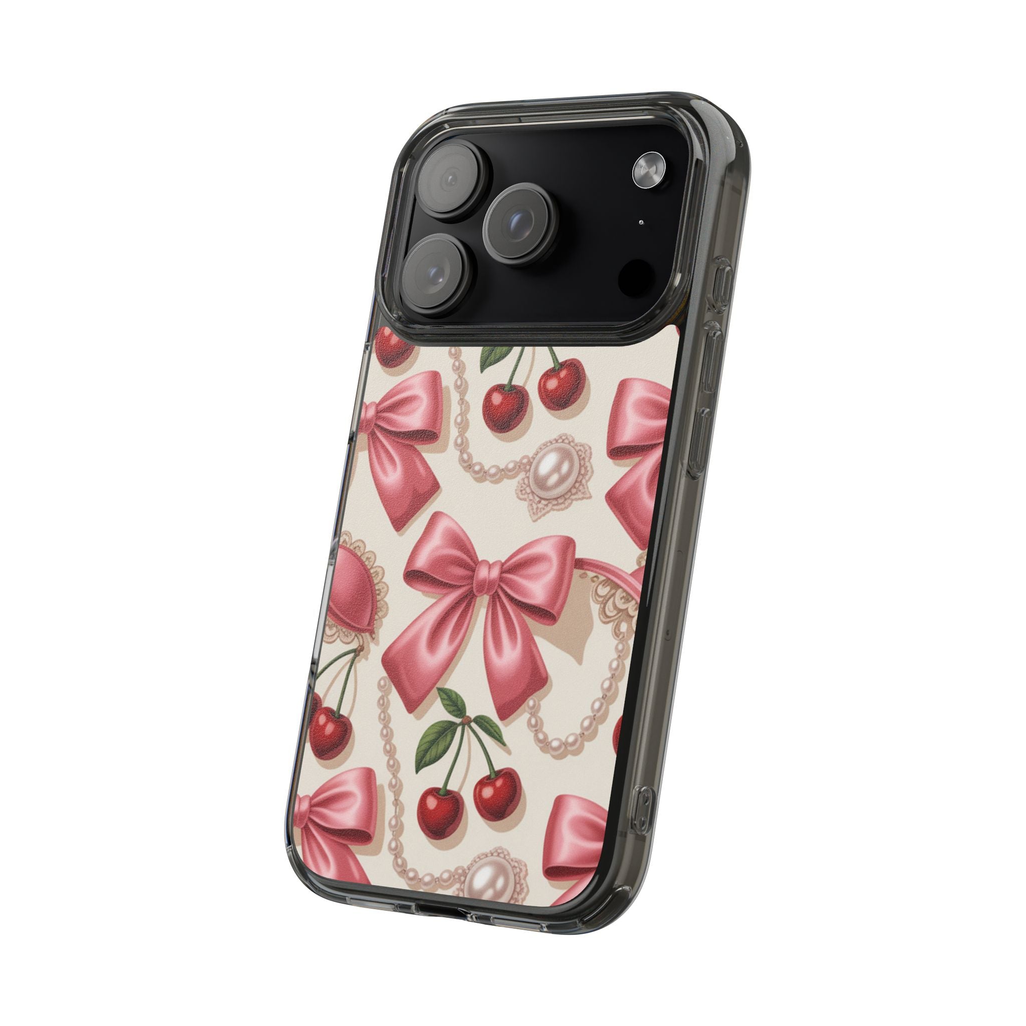 Phone Cases - Coquette Aesthetic Pattern with Pink Satin Bows, Pearls, and Cherries