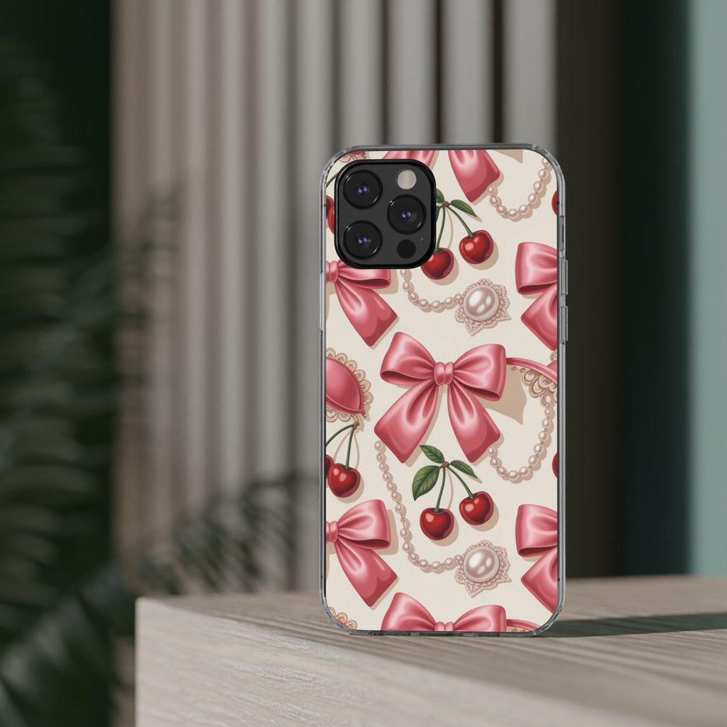 Phone Cases - Coquette Aesthetic Pattern with Pink Satin Bows, Pearls, and Cherries
